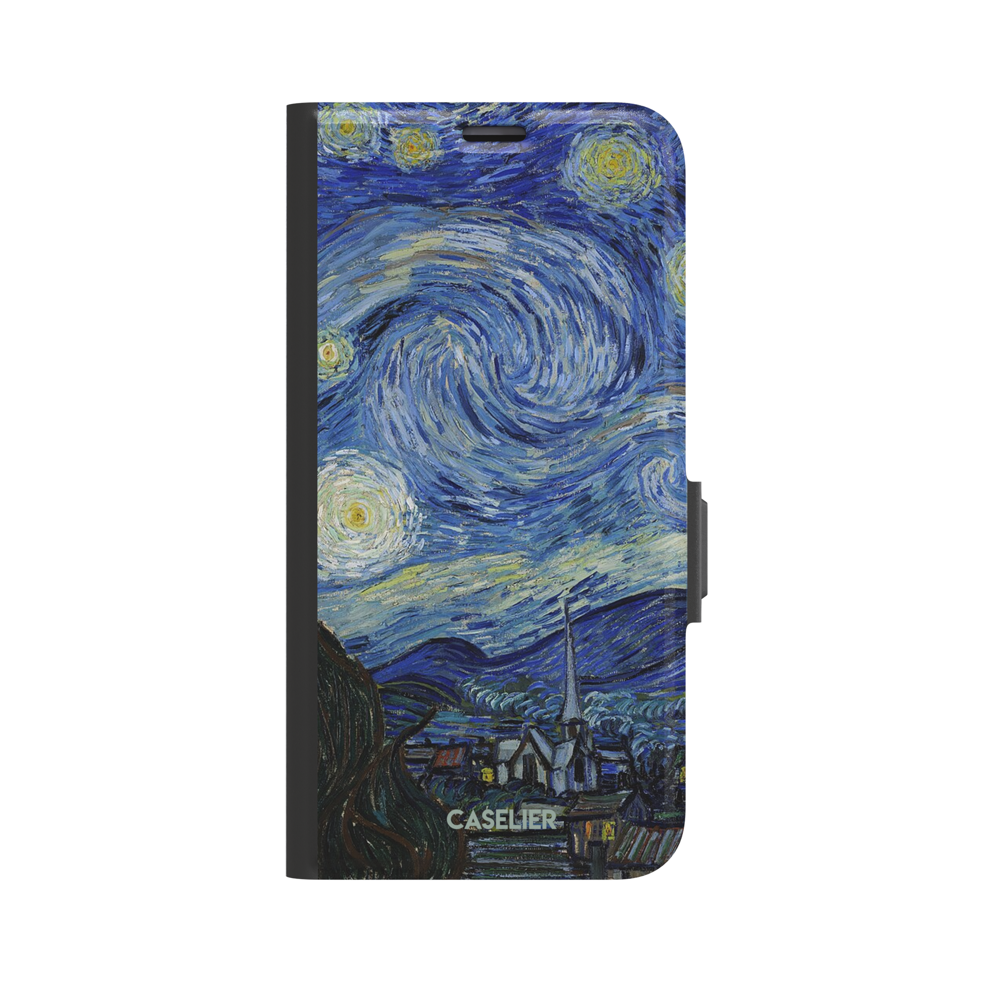 Starry Night by Vincent van Gogh phone case featuring swirling cobalt blue sky, glowing yellow stars and a quiet village with church steeple, phone case by Caselier — wallet case, front view