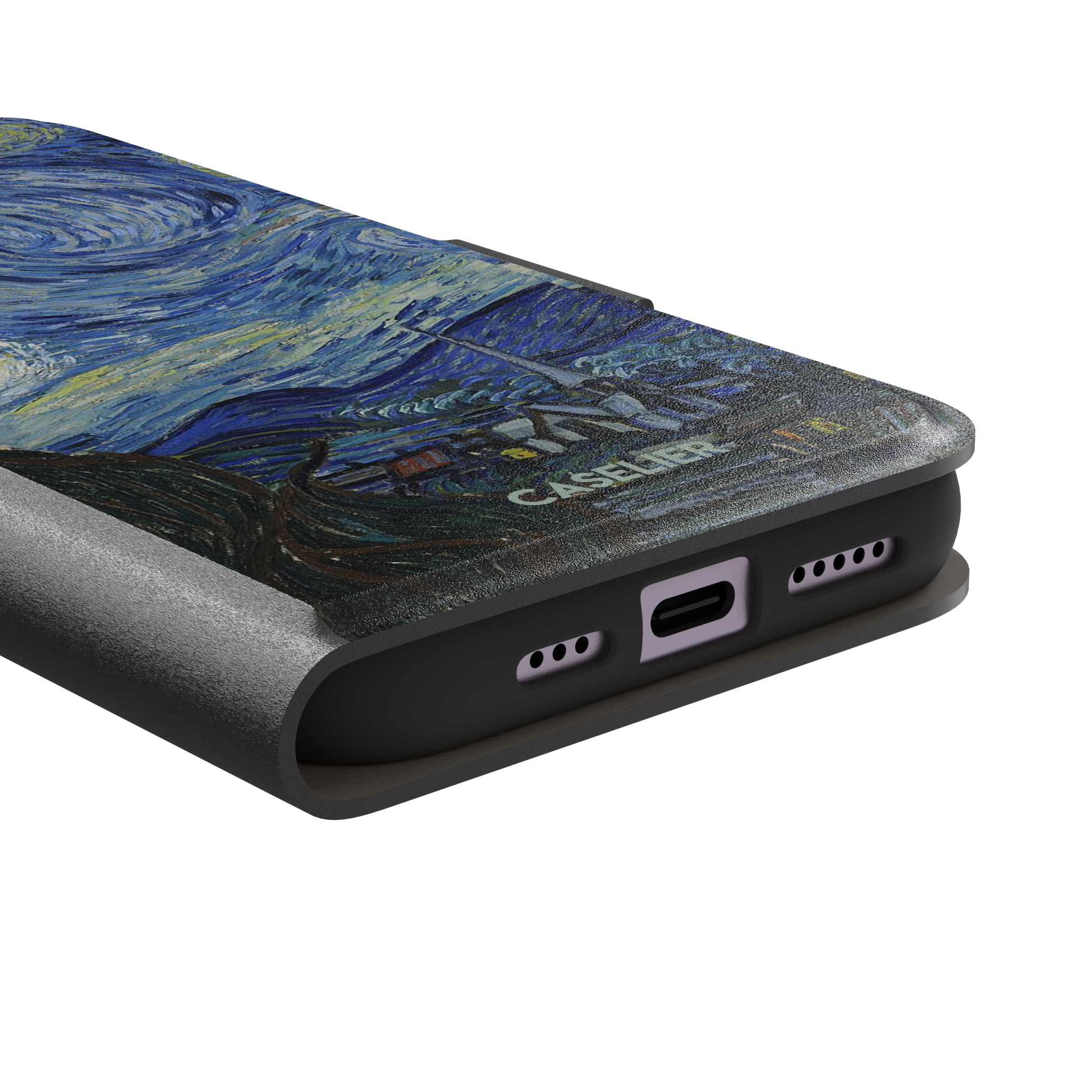 Starry Night by Vincent van Gogh phone case featuring swirling cobalt blue sky, glowing yellow stars and a quiet village with church steeple, phone case by Caselier — wallet case, charging port detail