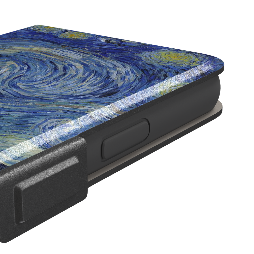 Starry Night by Vincent van Gogh phone case featuring swirling cobalt blue sky, glowing yellow stars and a quiet village with church steeple, phone case by Caselier — wallet case, volume buttons detail