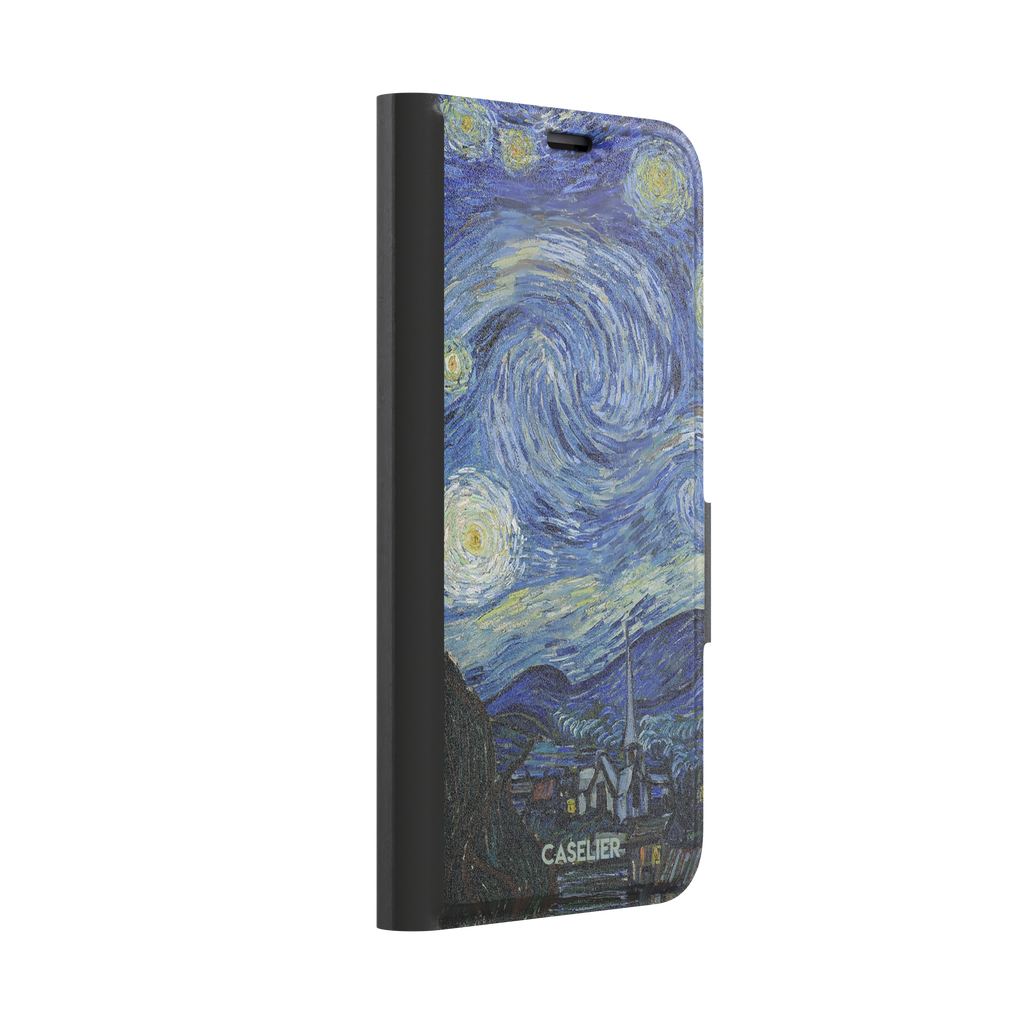 Starry Night by Vincent van Gogh phone case featuring swirling cobalt blue sky, glowing yellow stars and a quiet village with church steeple, phone case by Caselier — wallet case, left view