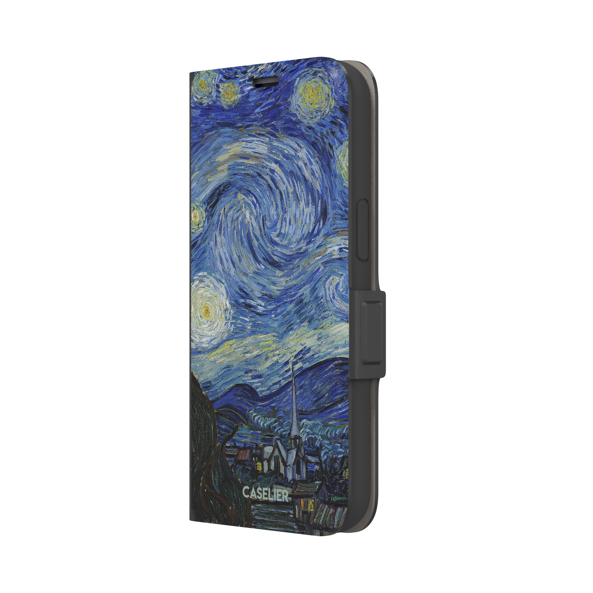 Starry Night by Vincent van Gogh phone case featuring swirling cobalt blue sky, glowing yellow stars and a quiet village with church steeple, phone case by Caselier — wallet case, right view