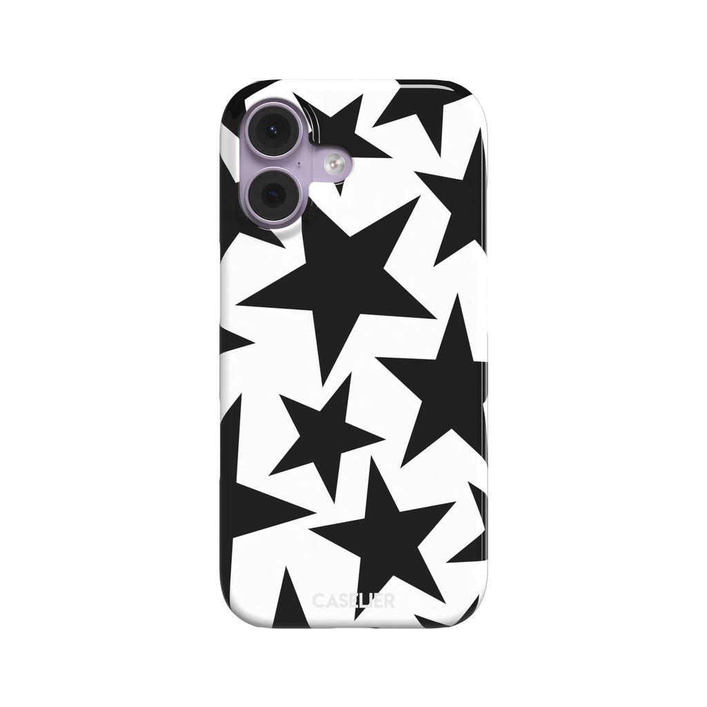 Stars phone case variant in bold black and white with large graphic scattered star pattern, phone case by Caselier — snap case, front view