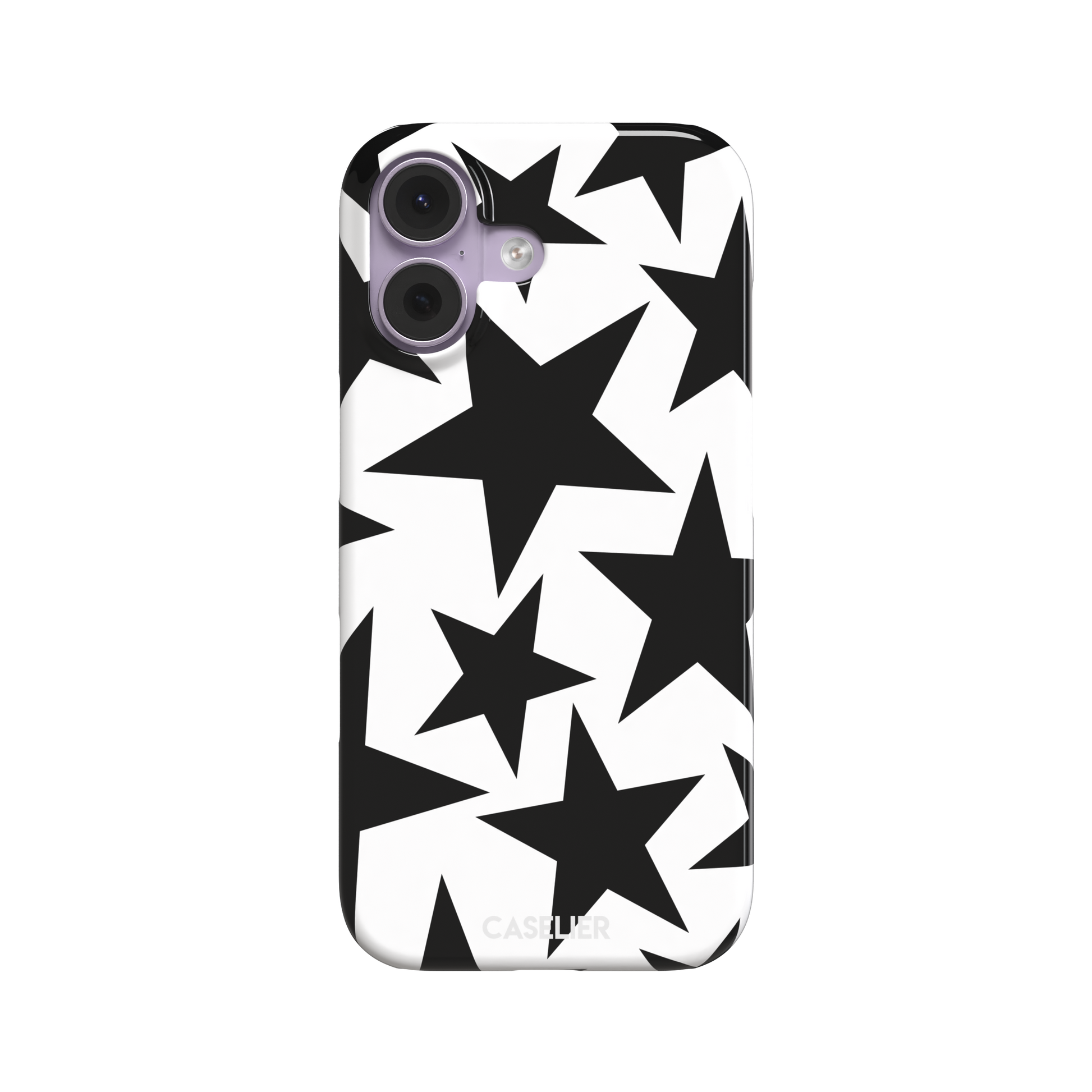 Stars phone case variant in bold black and white with large graphic scattered star pattern, phone case by Caselier — snap case, front view
