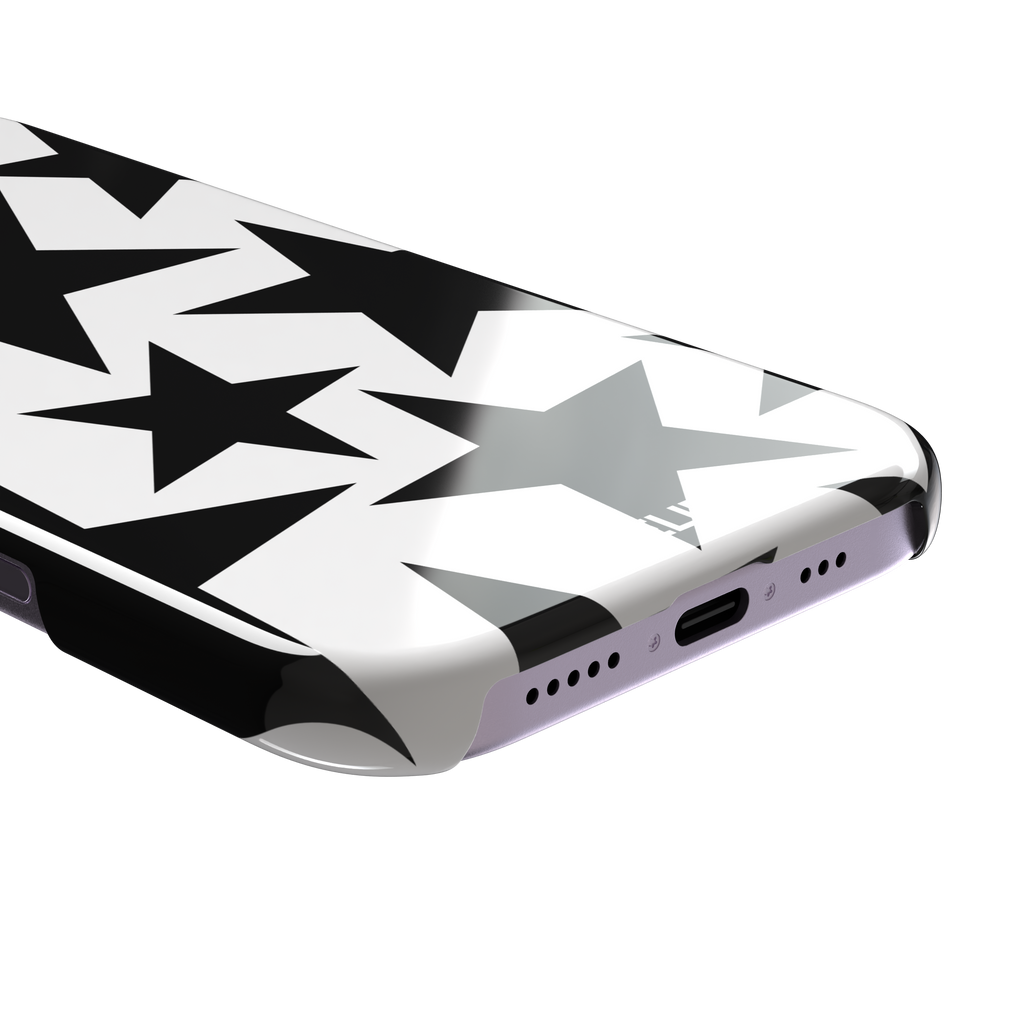 Stars phone case variant in bold black and white with large graphic scattered star pattern, phone case by Caselier — snap case, charging port detail
