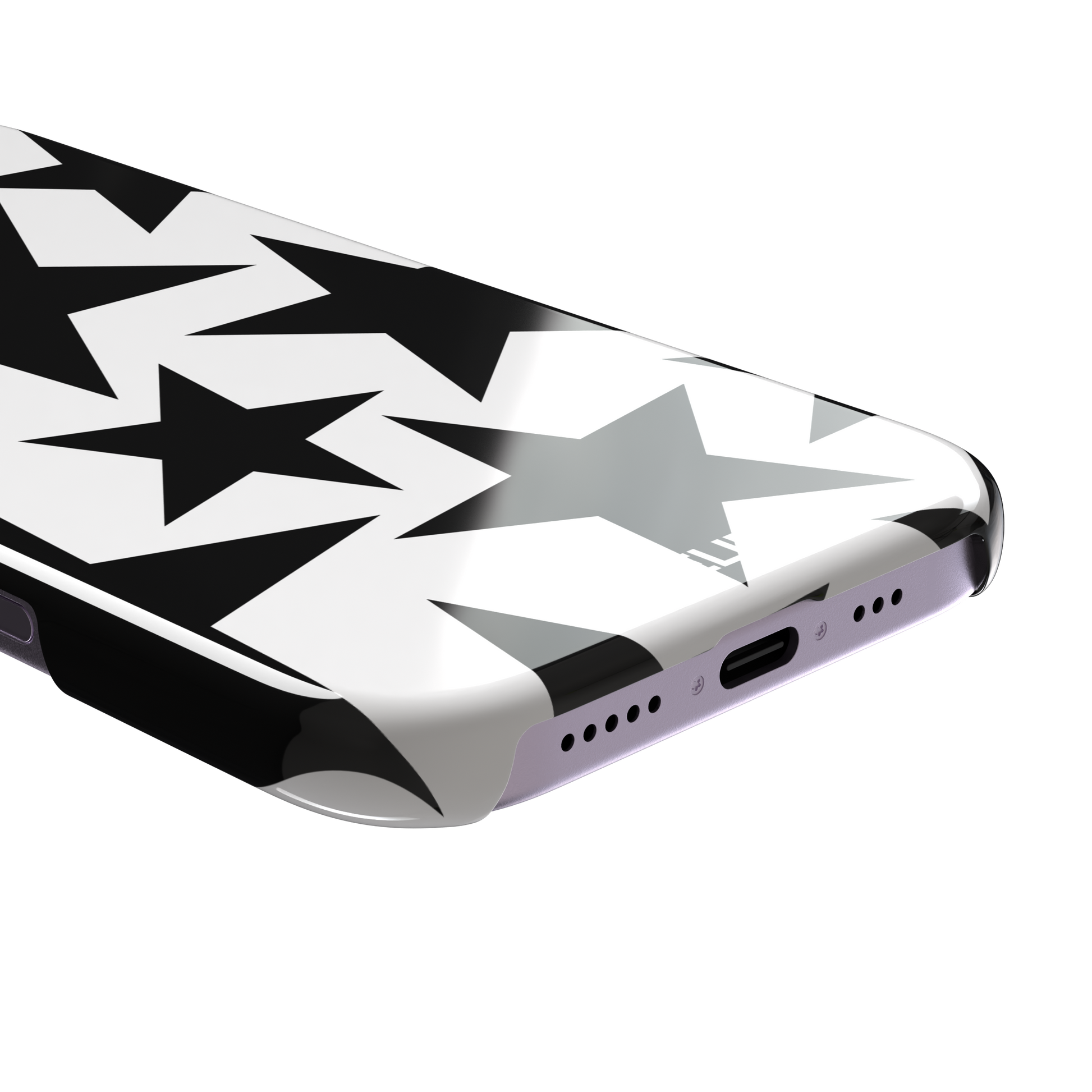 Stars phone case variant in bold black and white with large graphic scattered star pattern, phone case by Caselier — snap case, charging port detail