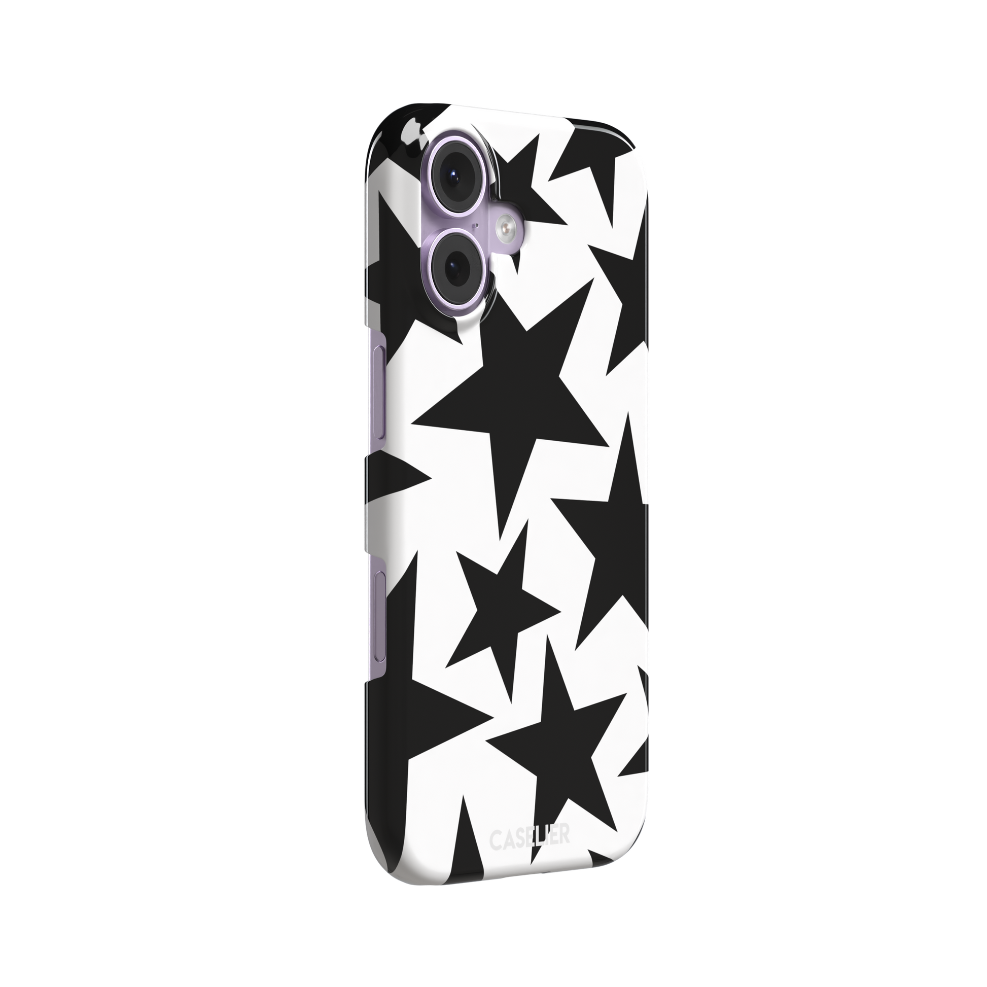 Stars phone case variant in bold black and white with large graphic scattered star pattern, phone case by Caselier — snap case, left view