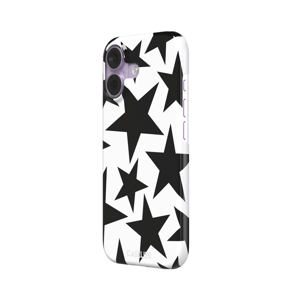Stars phone case variant in bold black and white with large graphic scattered star pattern, phone case by Caselier — snap case, right view