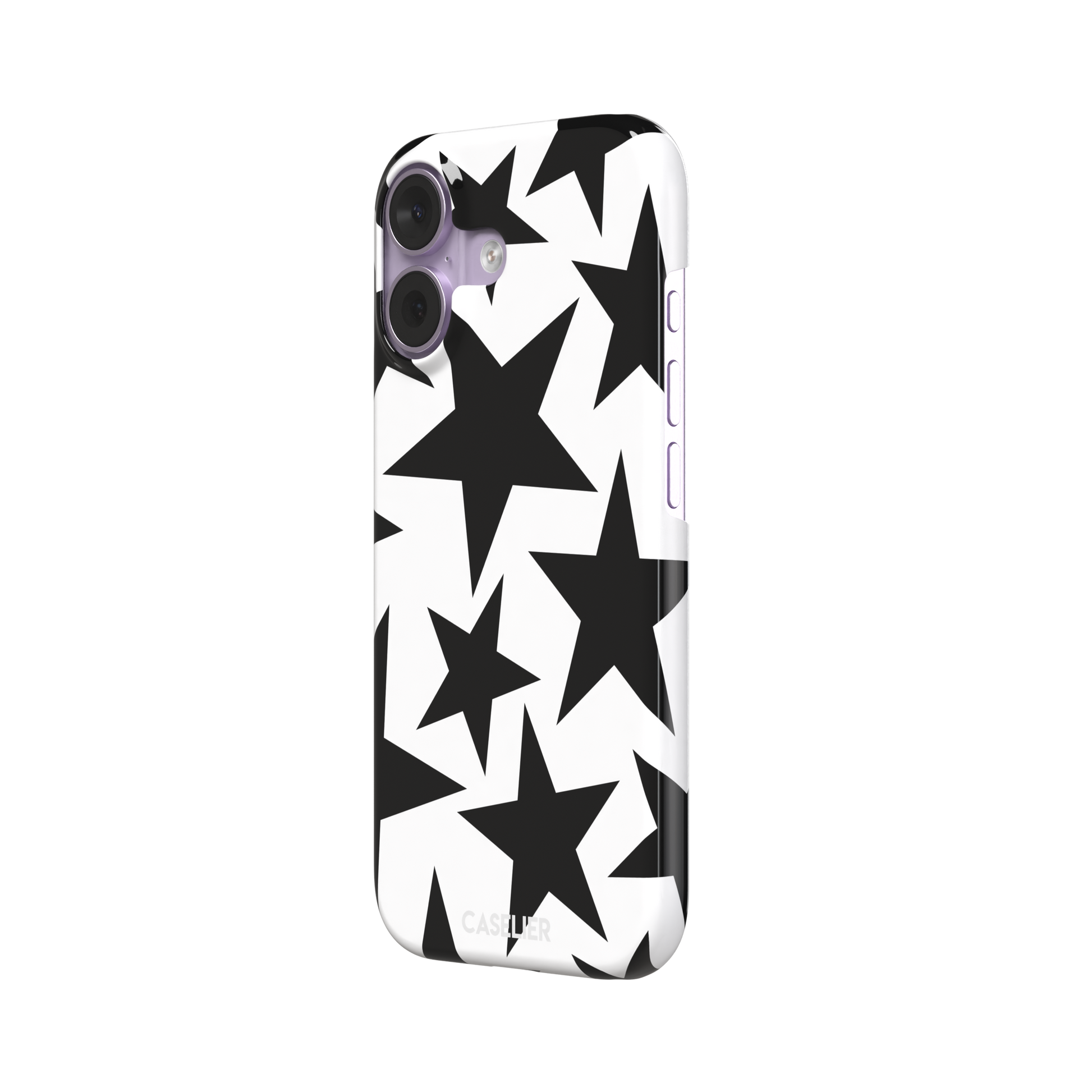 Stars phone case variant in bold black and white with large graphic scattered star pattern, phone case by Caselier — snap case, right view