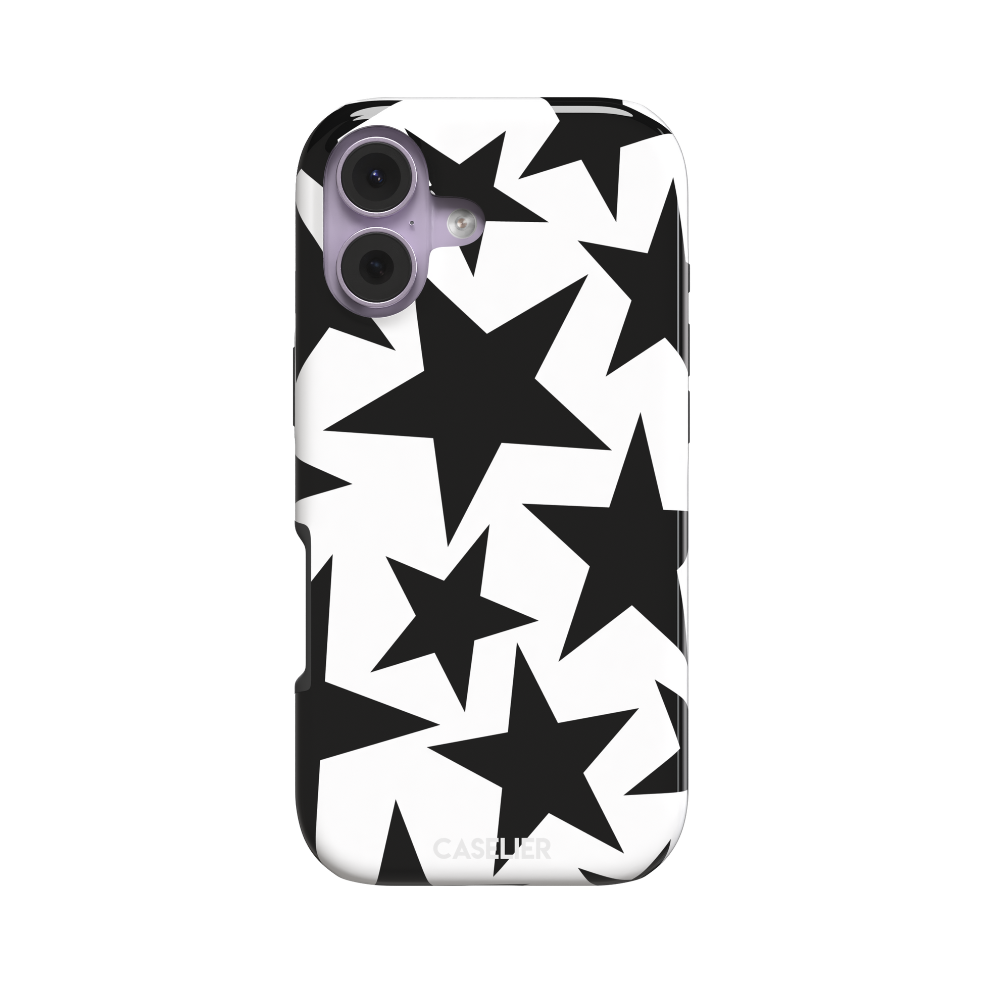 Stars phone case variant in bold black and white with large graphic scattered star pattern, phone case by Caselier — tough case, front view