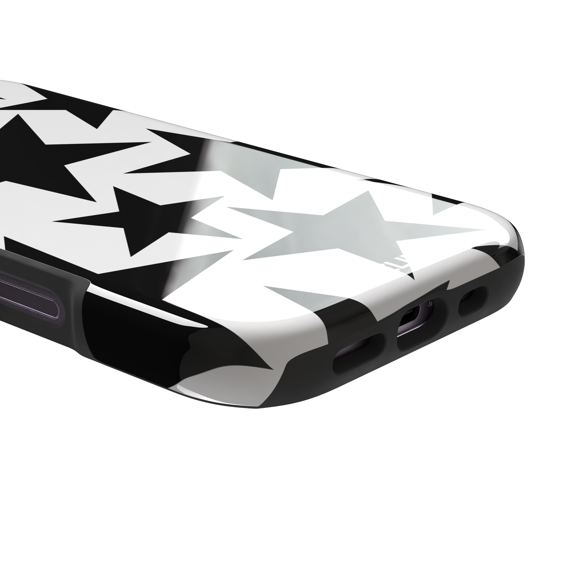 Stars phone case variant in bold black and white with large graphic scattered star pattern, phone case by Caselier — tough case, charging port detail