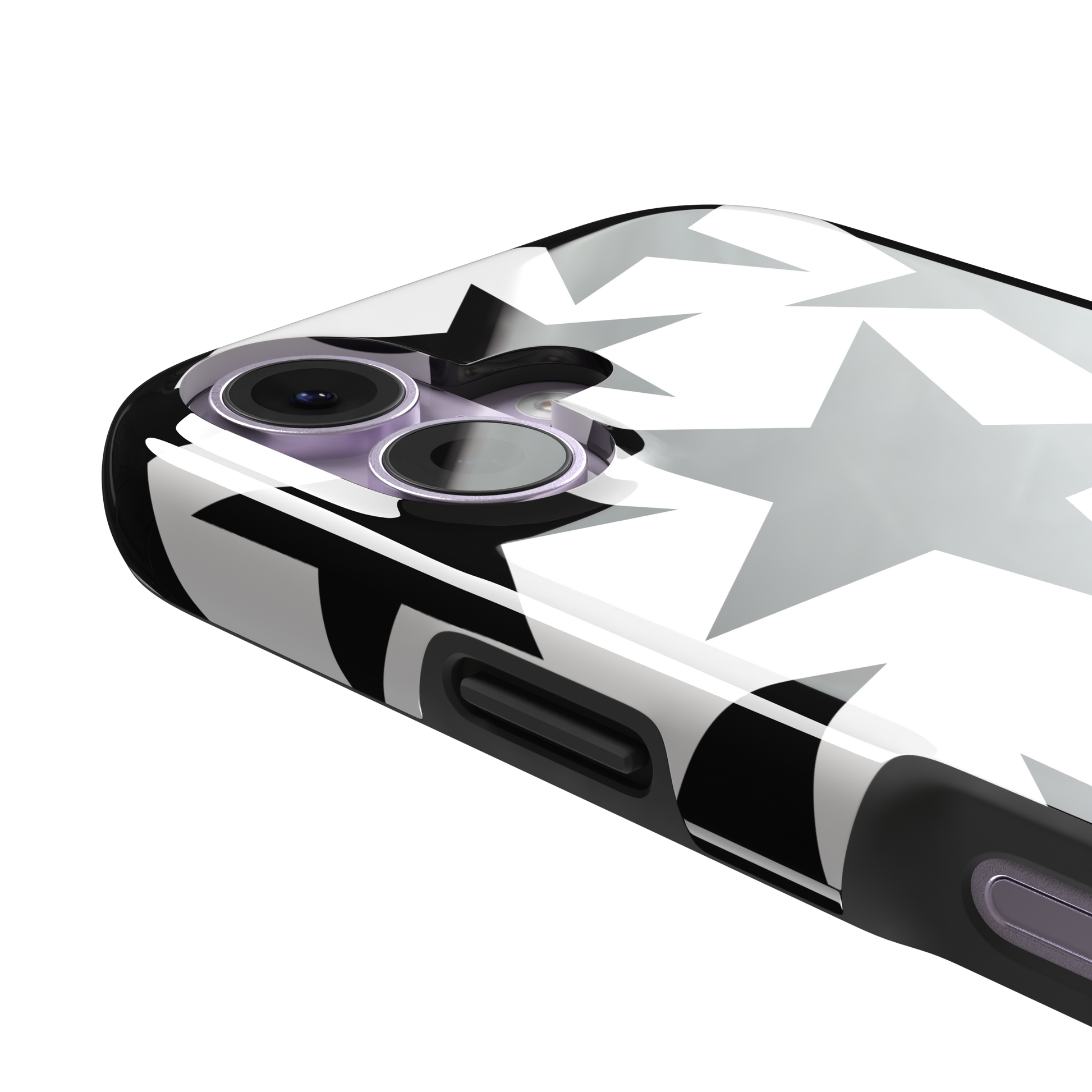 Stars phone case variant in bold black and white with large graphic scattered star pattern, phone case by Caselier — tough case, volume buttons detail