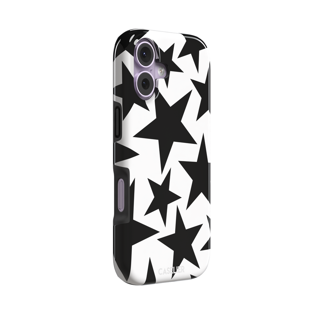 Stars phone case variant in bold black and white with large graphic scattered star pattern, phone case by Caselier — tough case, left view