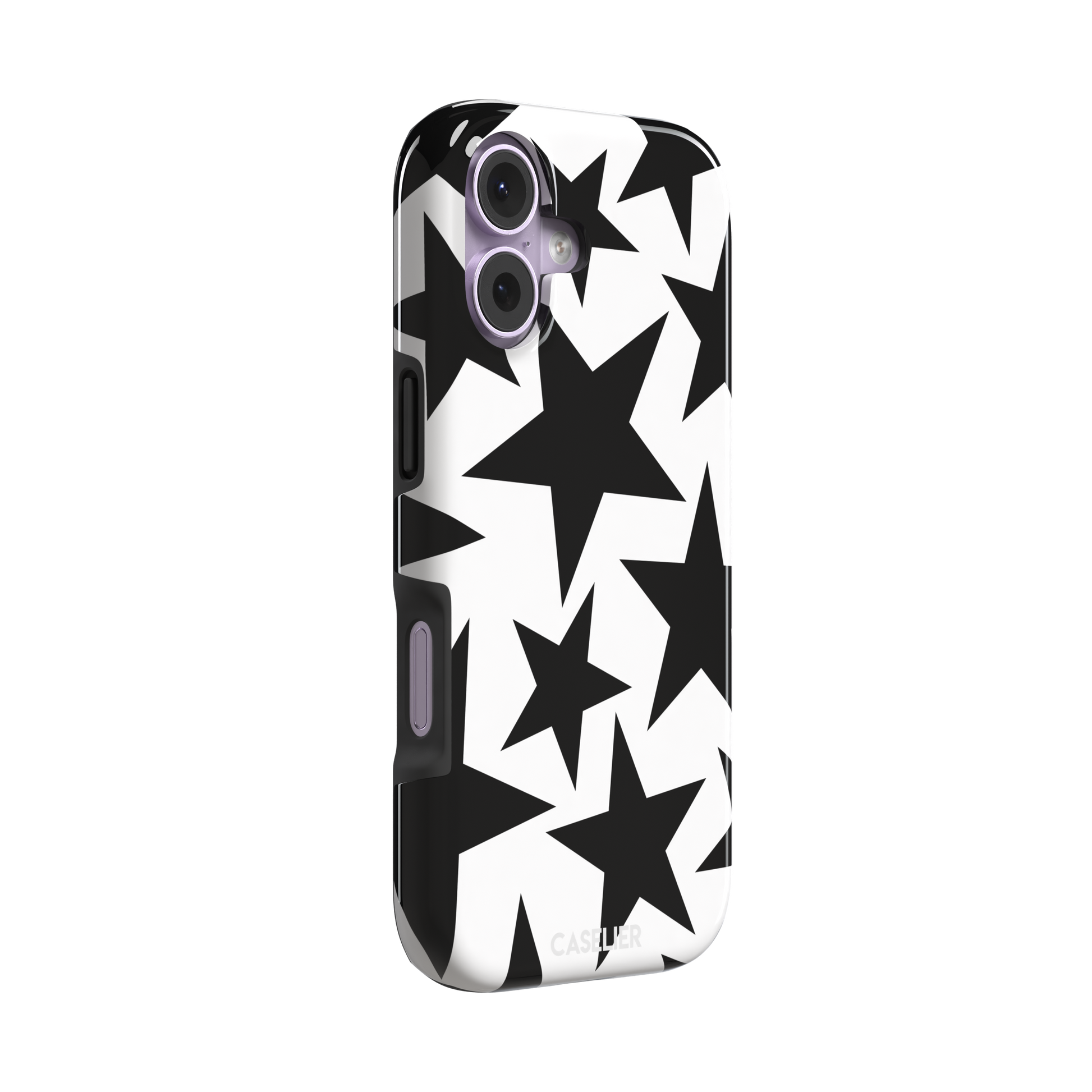 Stars phone case variant in bold black and white with large graphic scattered star pattern, phone case by Caselier — tough case, left view