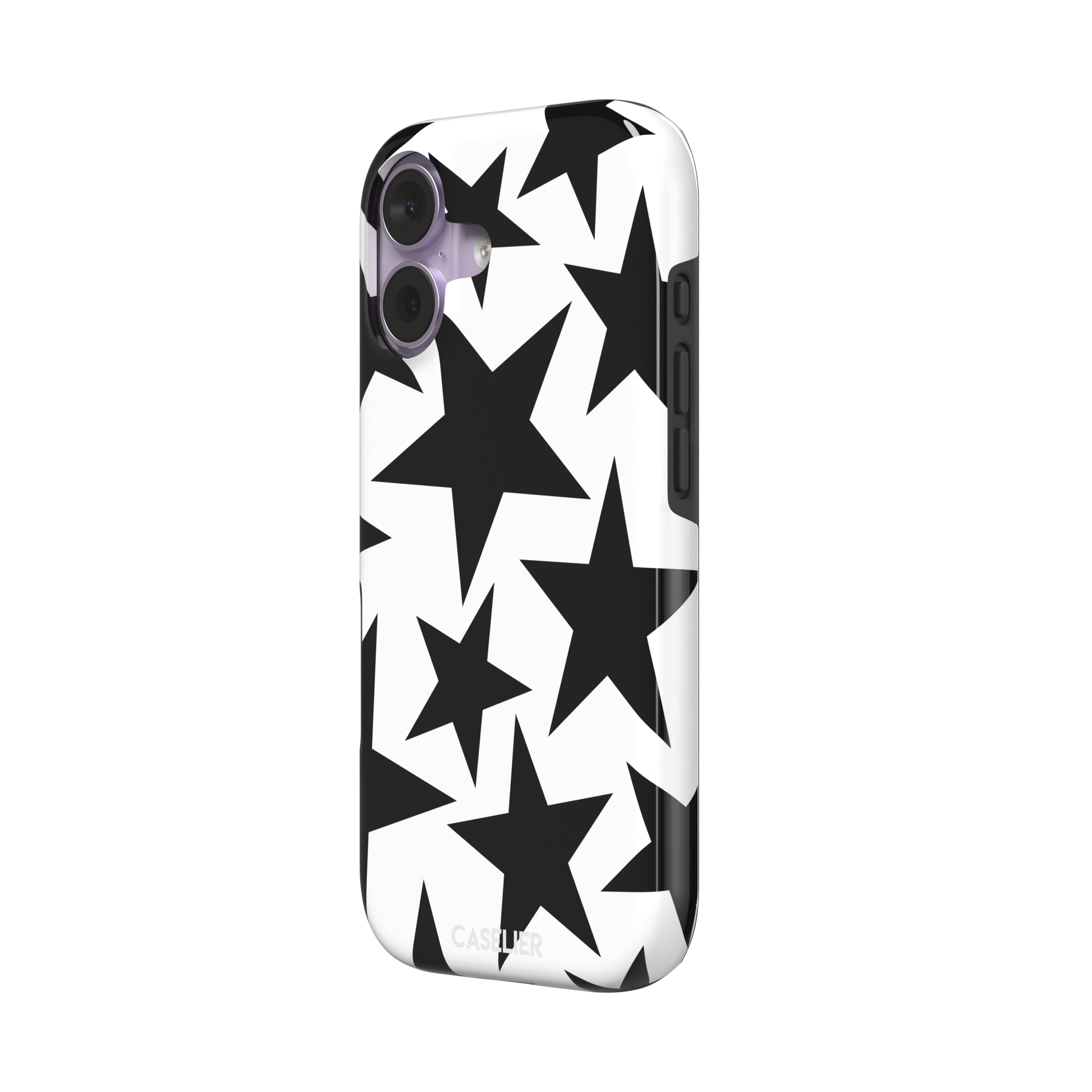 Stars phone case variant in bold black and white with large graphic scattered star pattern, phone case by Caselier — tough case, right view