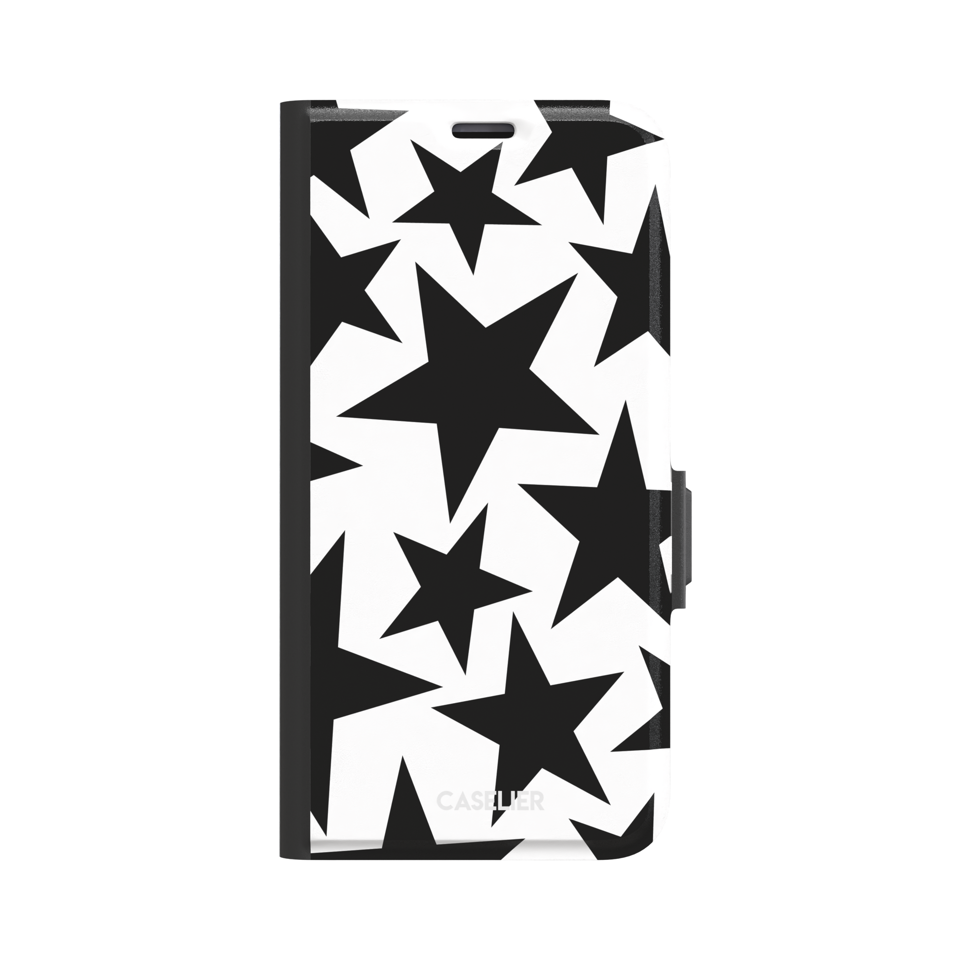 Stars phone case variant in bold black and white with large graphic scattered star pattern, phone case by Caselier — wallet case, front view