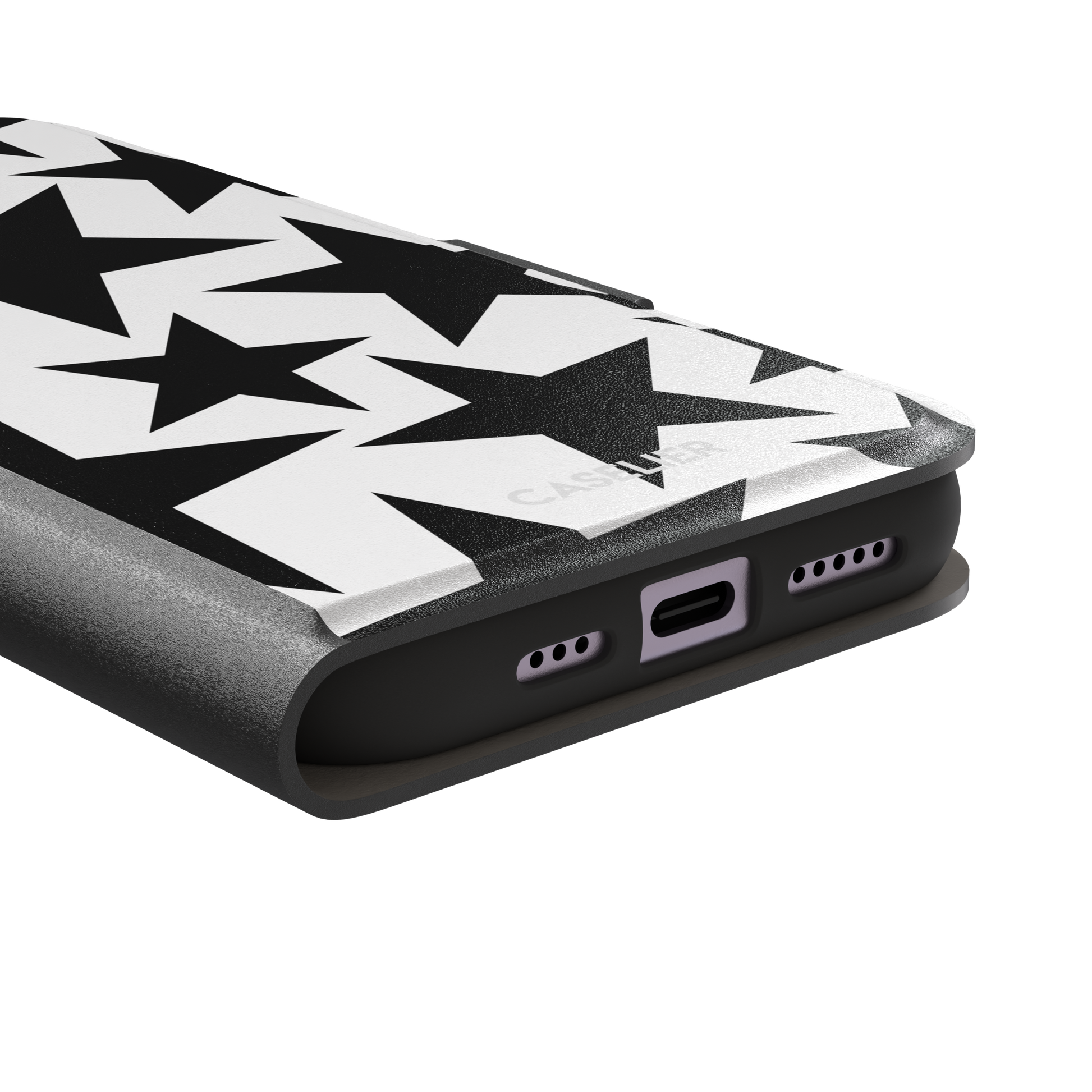 Stars phone case variant in bold black and white with large graphic scattered star pattern, phone case by Caselier — wallet case, charging port detail