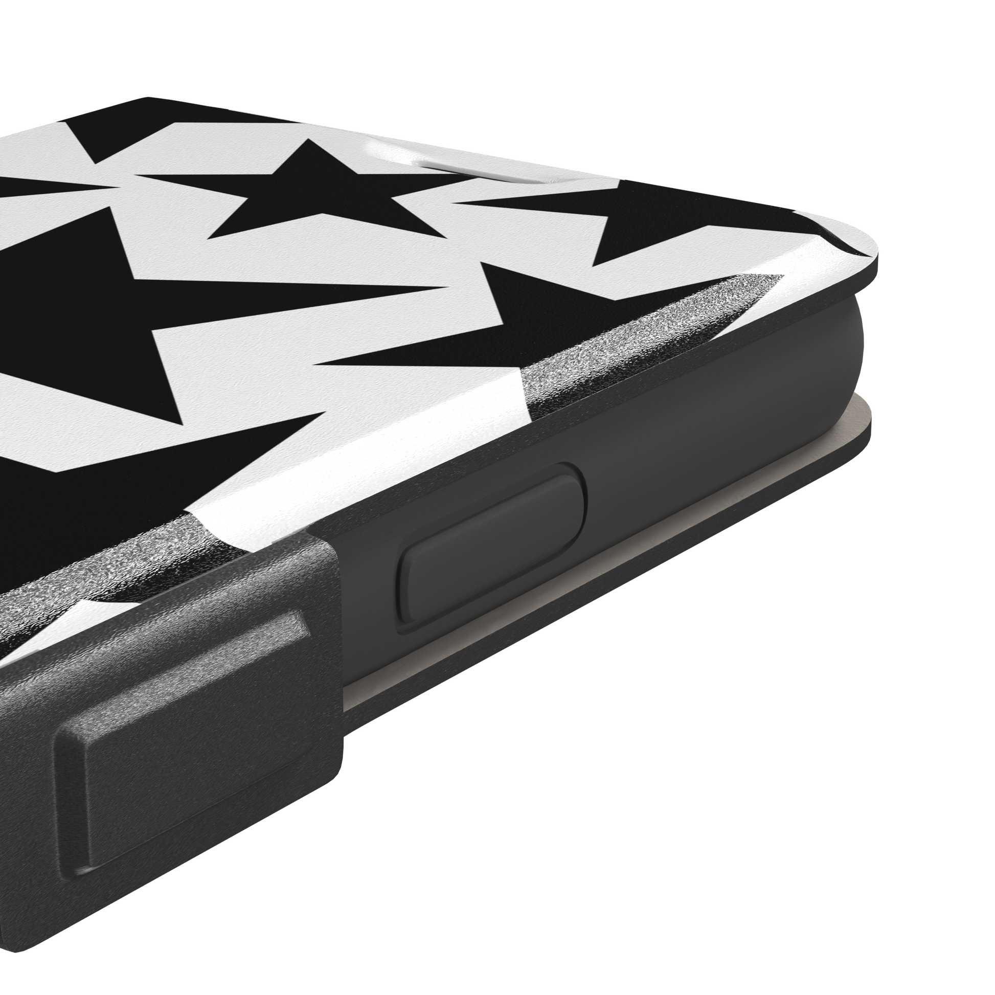 Stars phone case variant in bold black and white with large graphic scattered star pattern, phone case by Caselier — wallet case, volume buttons detail