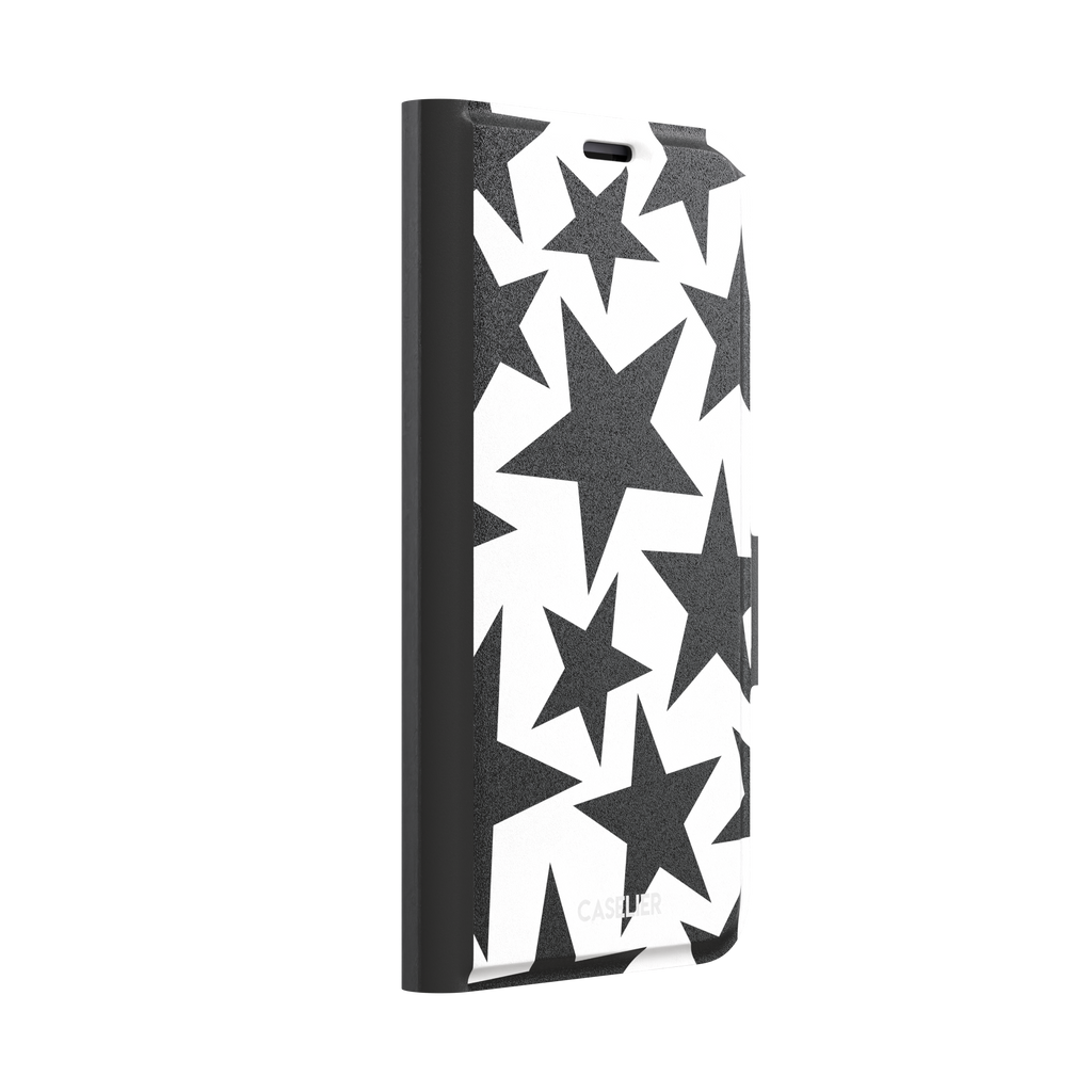 Stars phone case variant in bold black and white with large graphic scattered star pattern, phone case by Caselier — wallet case, left view