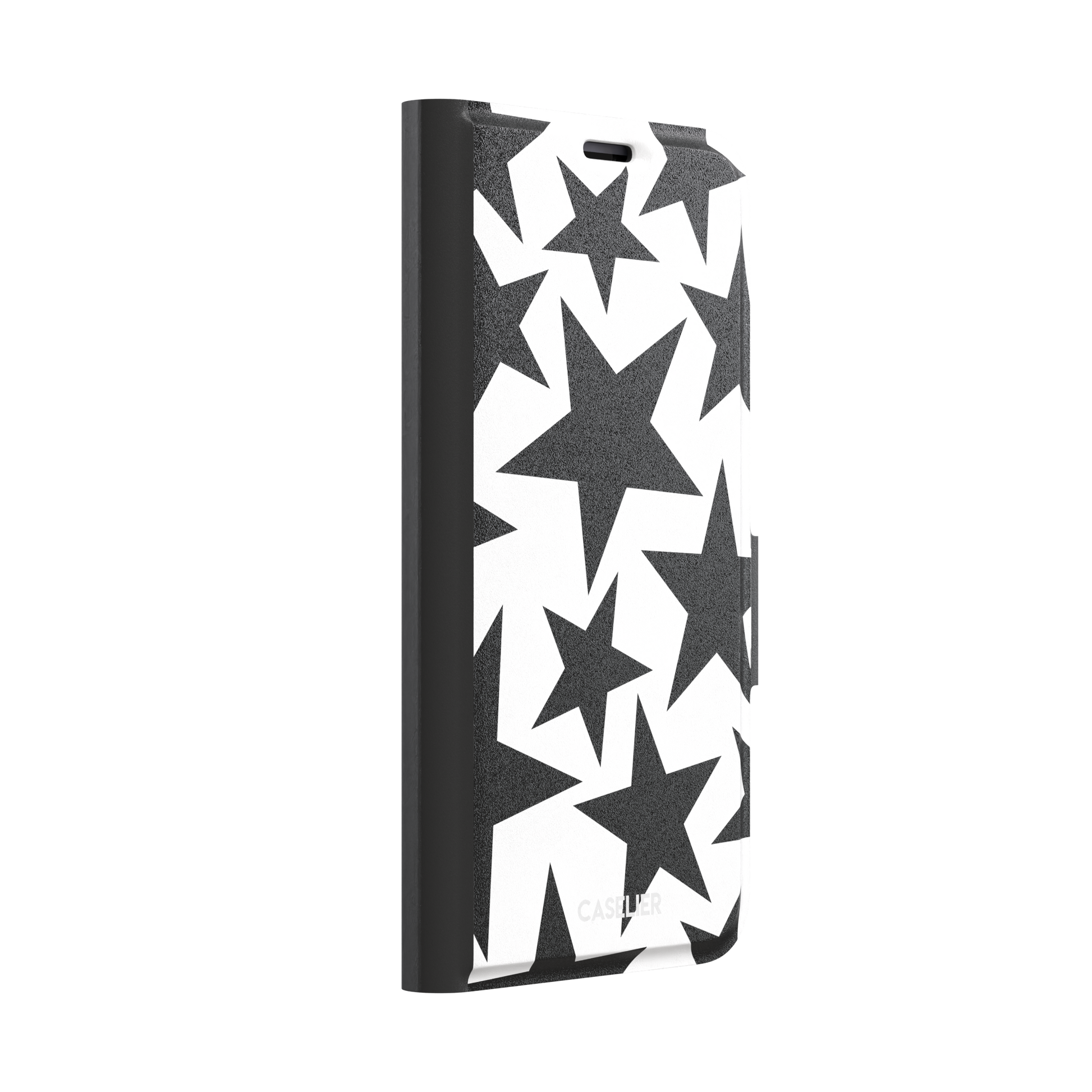 Stars phone case variant in bold black and white with large graphic scattered star pattern, phone case by Caselier — wallet case, left view