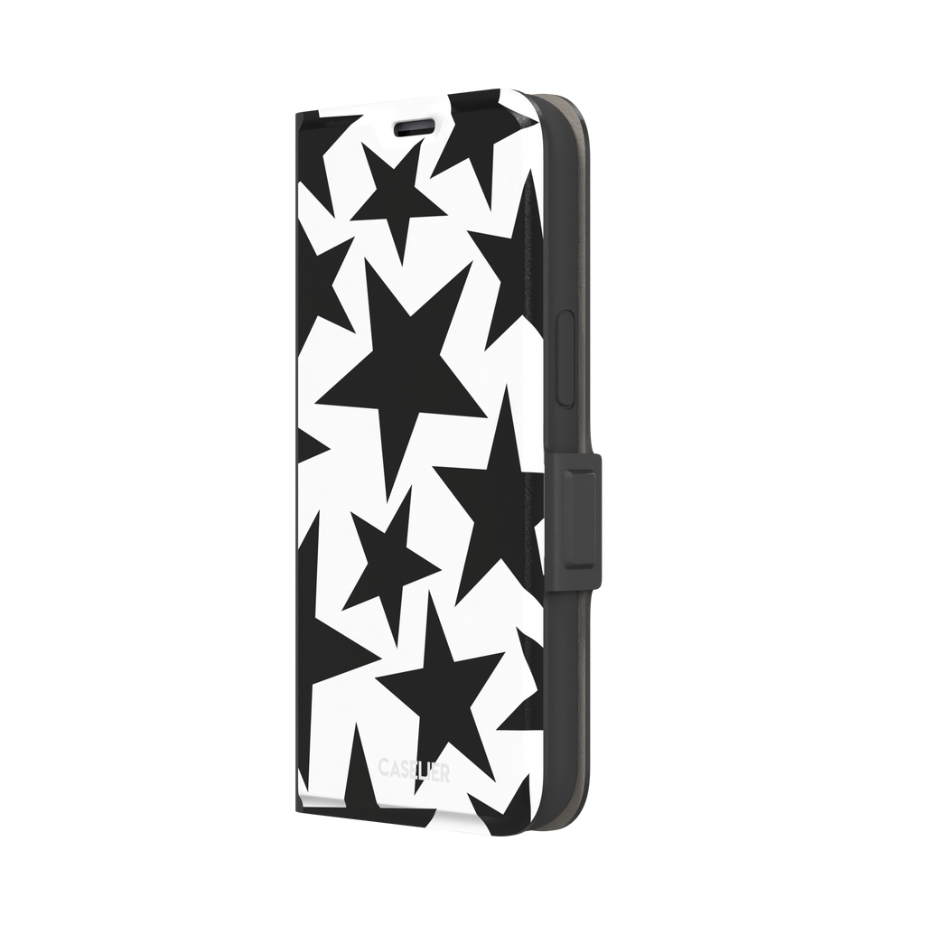 Stars phone case variant in bold black and white with large graphic scattered star pattern, phone case by Caselier — wallet case, right view