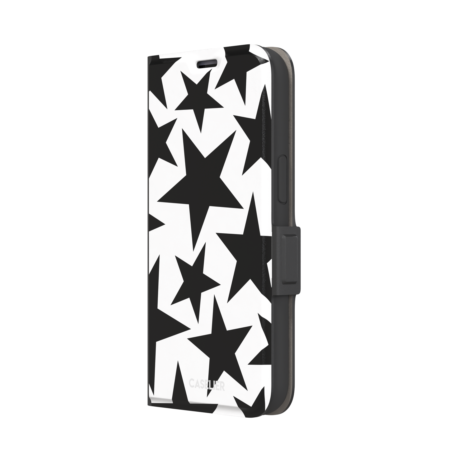 Stars phone case variant in bold black and white with large graphic scattered star pattern, phone case by Caselier — wallet case, right view