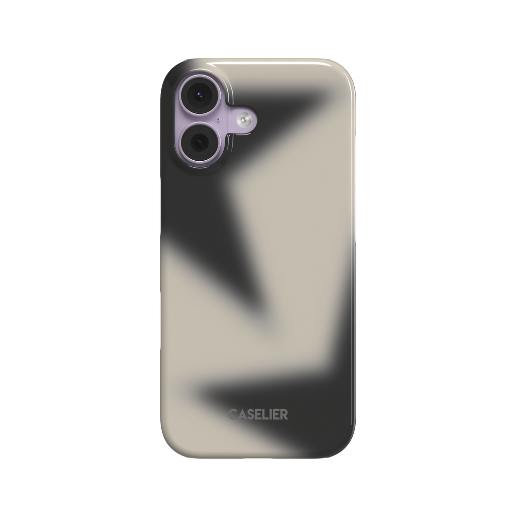 Stars Blur phone case in black and sand — deep charcoal and warm beige aura gradient with blurred angular star shapes, snap case style, rear view on white background, phone case by Caselier - snap case, front view | Caselier