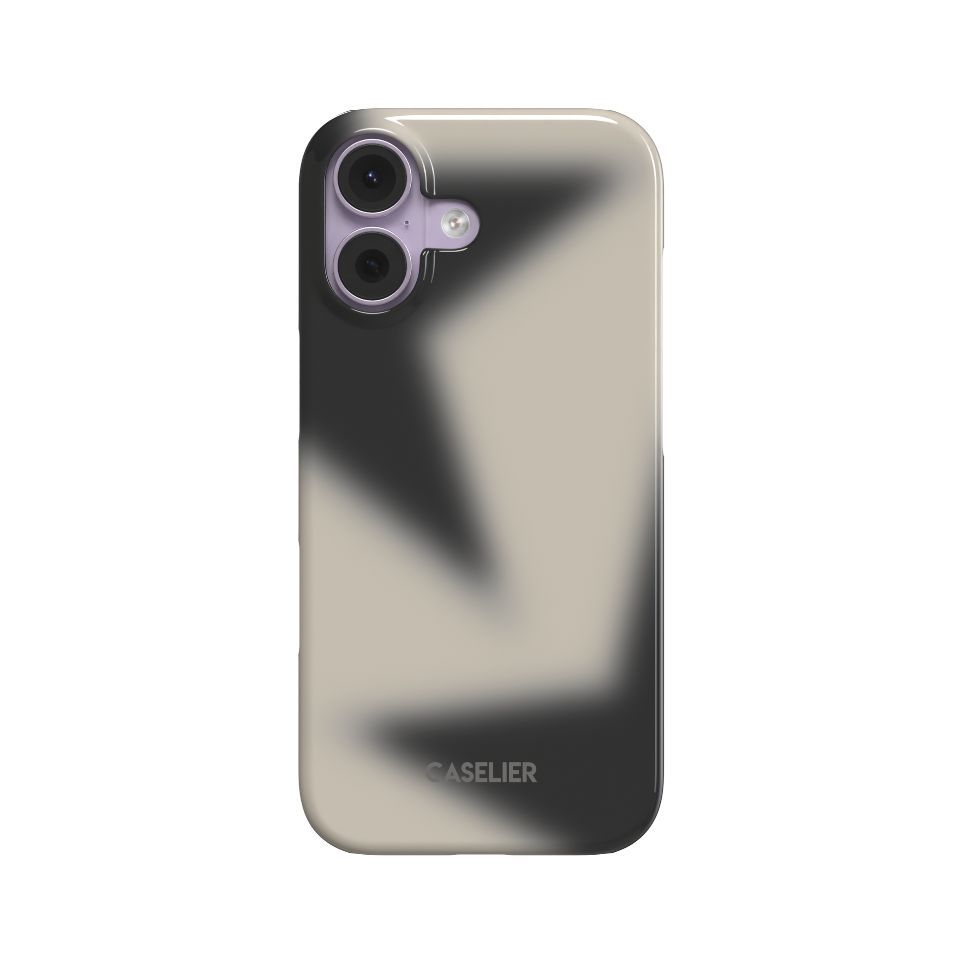 Stars Blur phone case in black and sand — deep charcoal and warm beige aura gradient with blurred angular star shapes, snap case style, rear view on white background, phone case by Caselier - snap case, front view | Caselier
