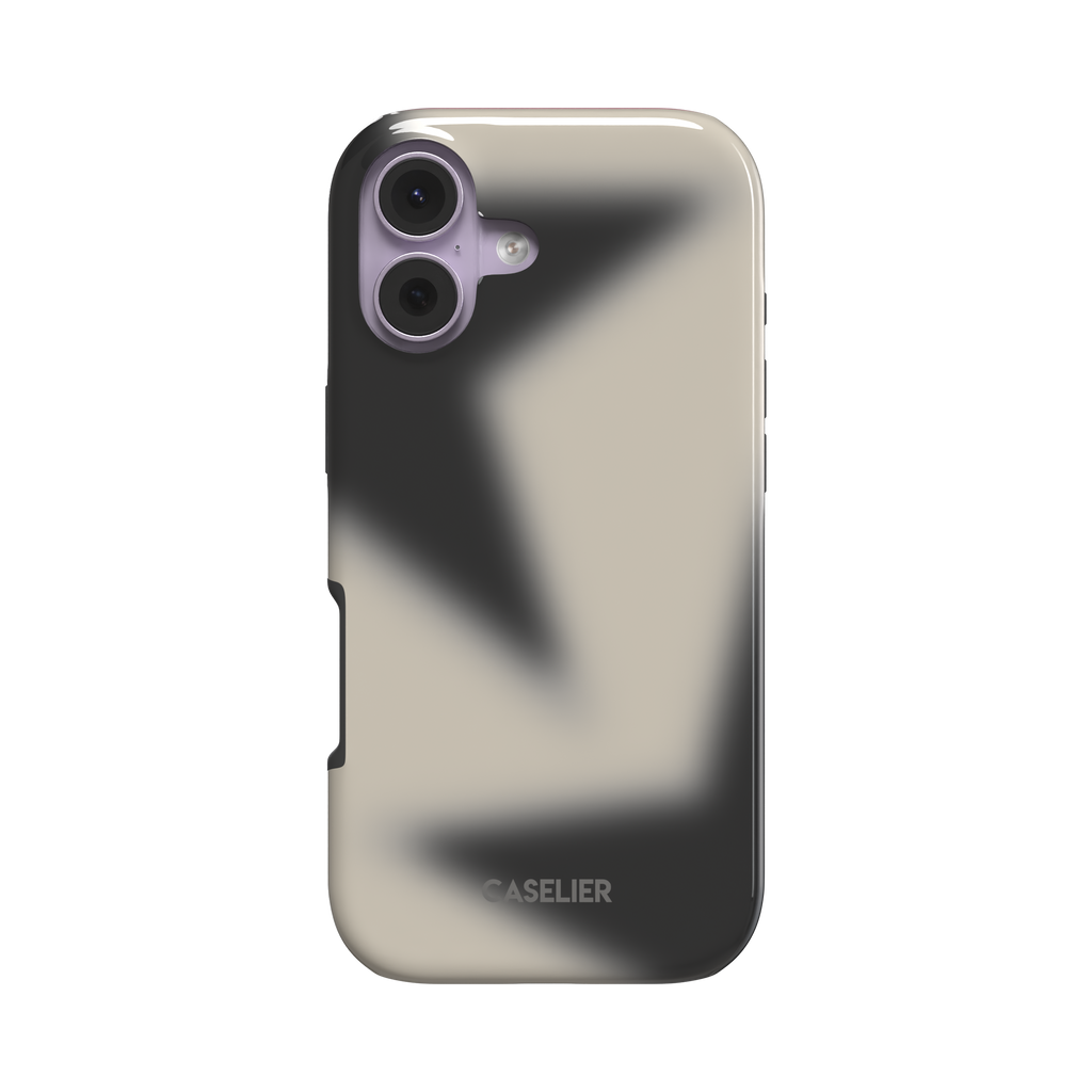 Stars Blur phone case in black and sand — charcoal and off-white blurred star gradient, tough dual-layer snap case style, rear view on white background, phone case by Caselier - tough case, front view | Caselier