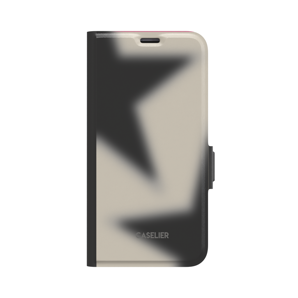 Stars Blur folio wallet case in black and sand — deep black and warm beige aura gradient with blurred star shapes across the cover, black spine and clasp, front view on white background, phone case by Caselier - wallet case, front view | Caselier
