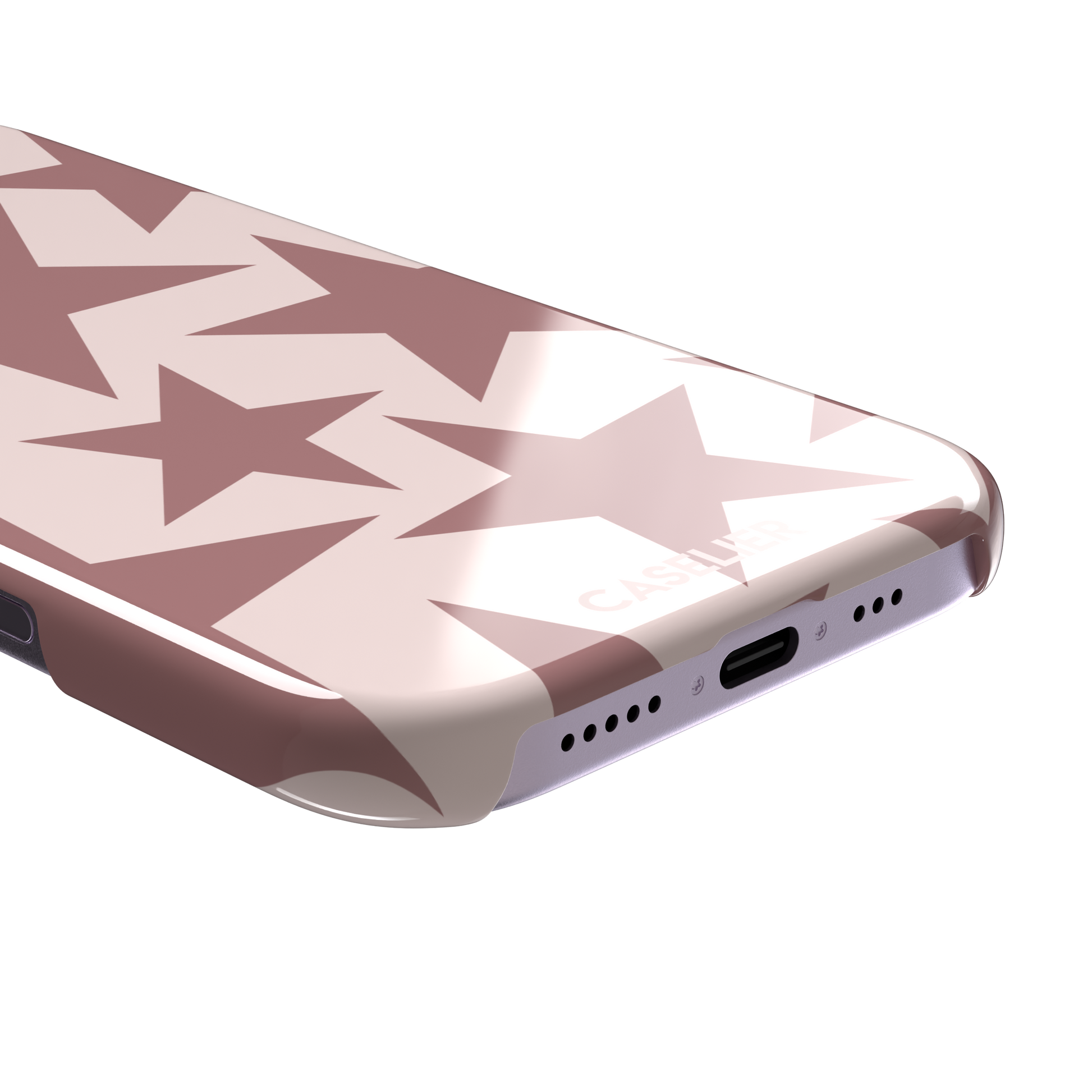 Stars phone case variant in dusty rose and blush pink with oversized scattered star pattern, phone case by Caselier — snap case, charging port detail