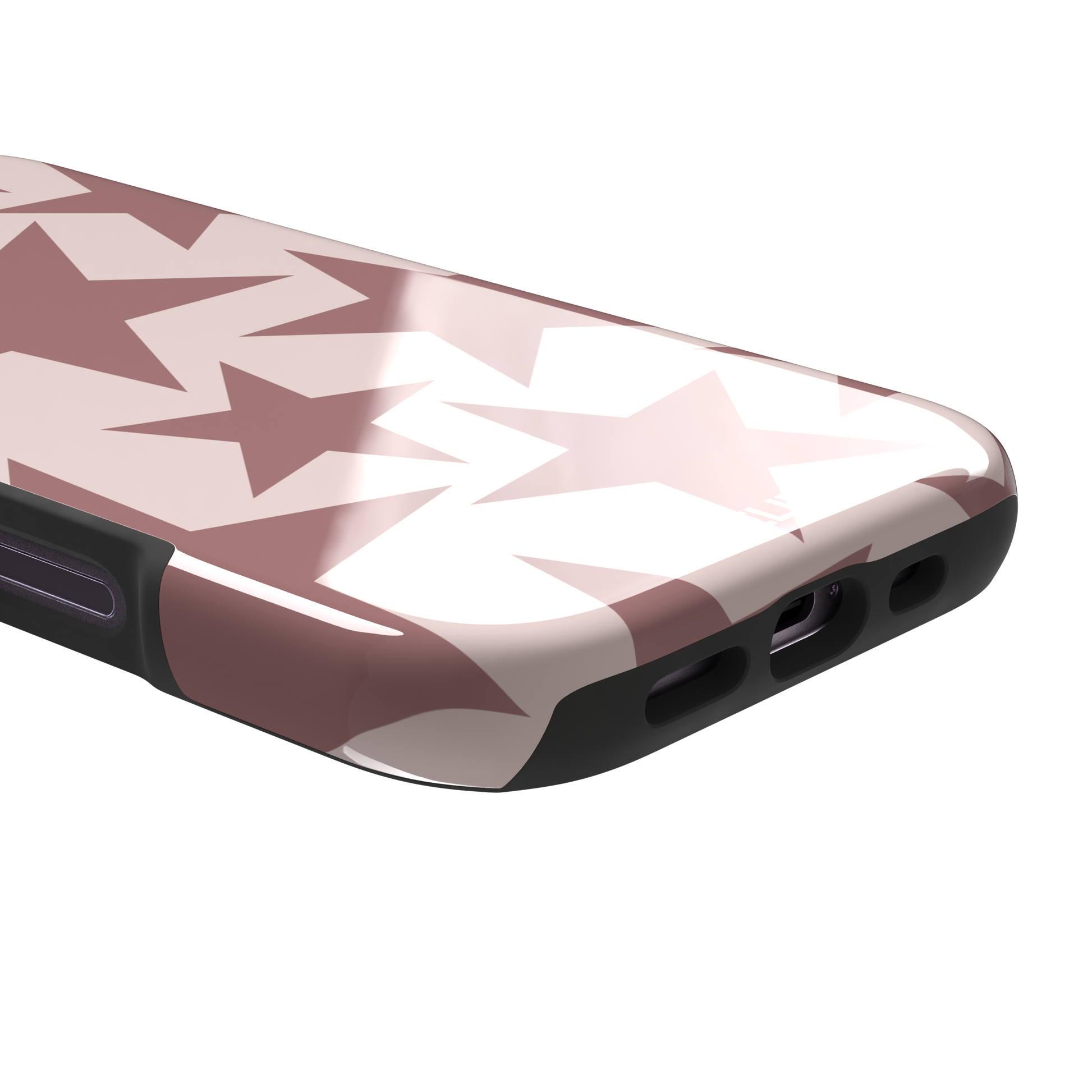 Stars phone case variant in dusty rose and blush pink with oversized scattered star pattern, phone case by Caselier — tough case, charging port detail