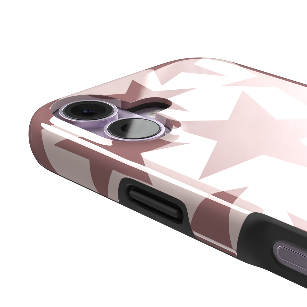 Stars phone case variant in dusty rose and blush pink with oversized scattered star pattern, phone case by Caselier — tough case, volume buttons detail