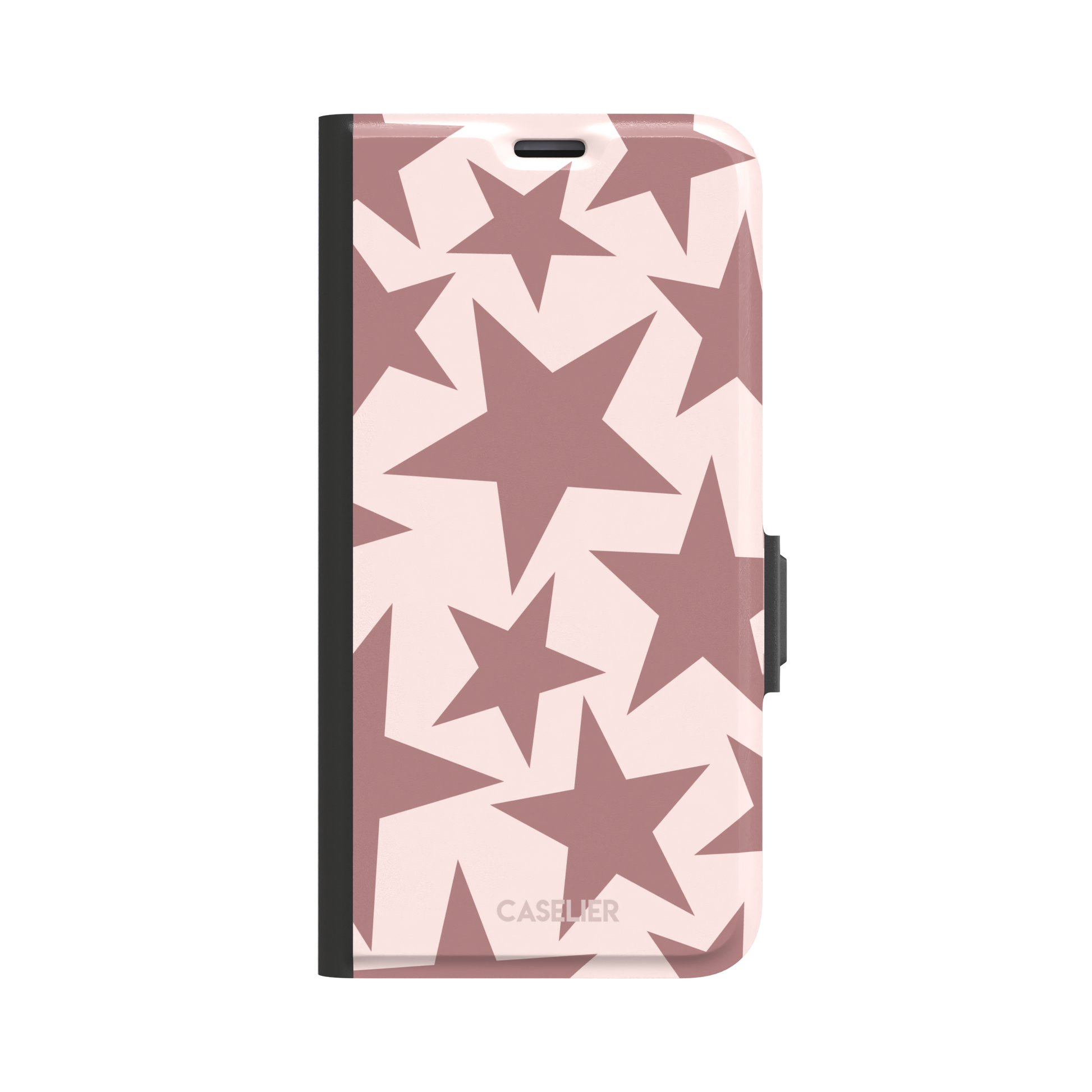 Stars phone case variant in dusty rose and blush pink with oversized scattered star pattern, phone case by Caselier — wallet case, front view