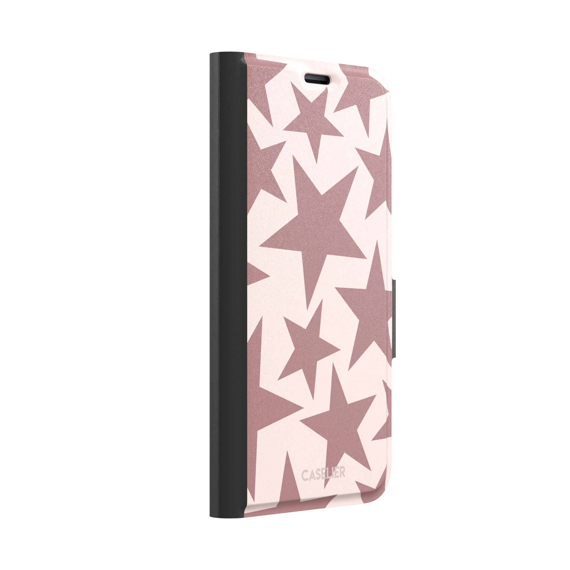 Stars phone case variant in dusty rose and blush pink with oversized scattered star pattern, phone case by Caselier — wallet case, left view