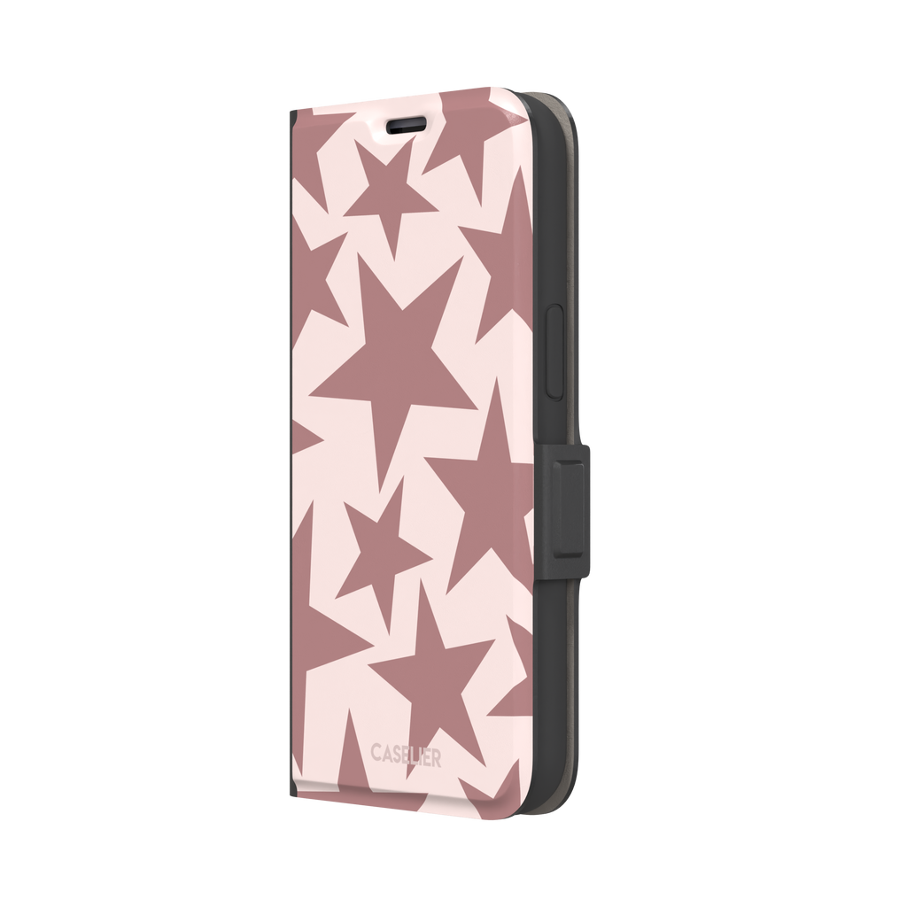 Stars phone case variant in dusty rose and blush pink with oversized scattered star pattern, phone case by Caselier — wallet case, right view