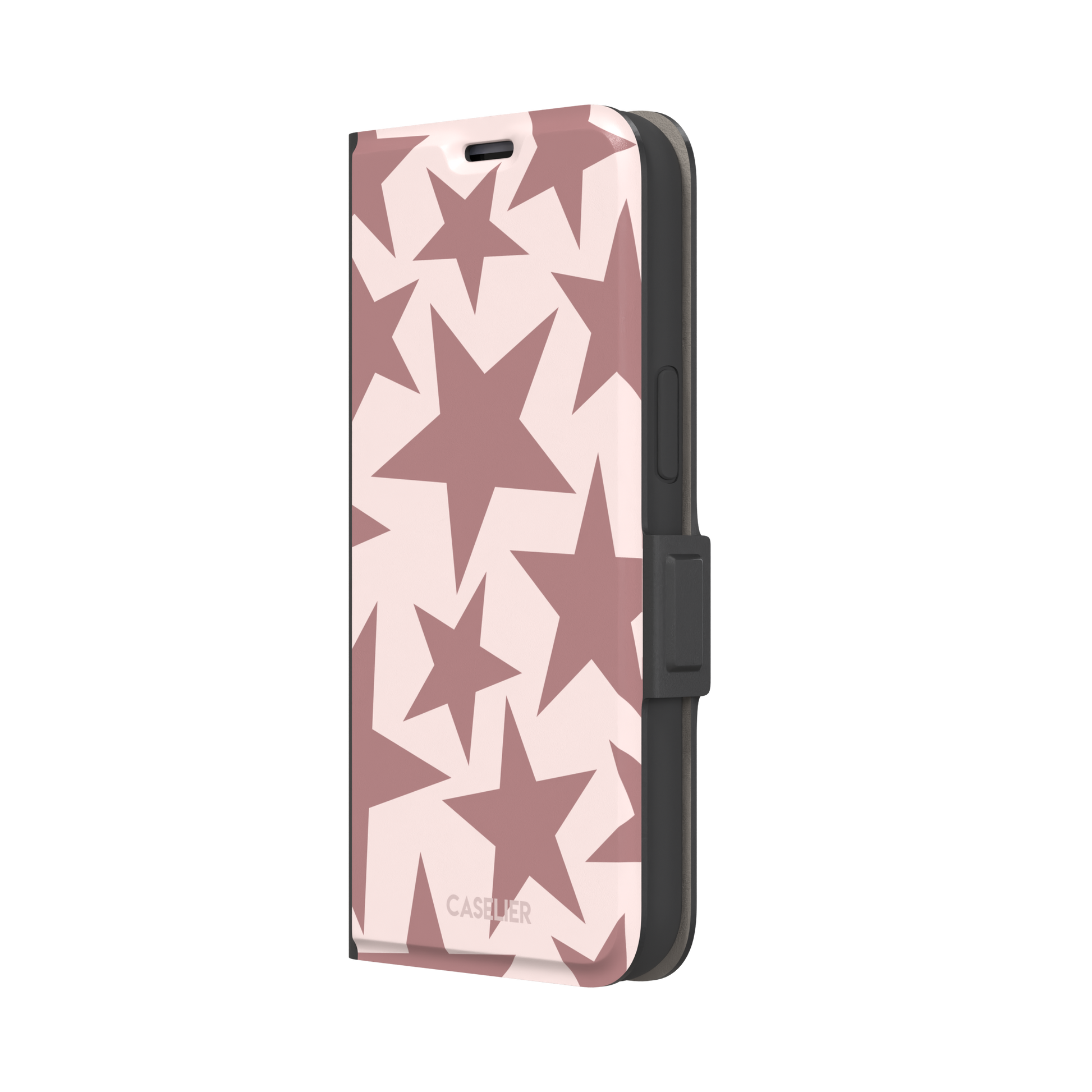 Stars phone case variant in dusty rose and blush pink with oversized scattered star pattern, phone case by Caselier — wallet case, right view