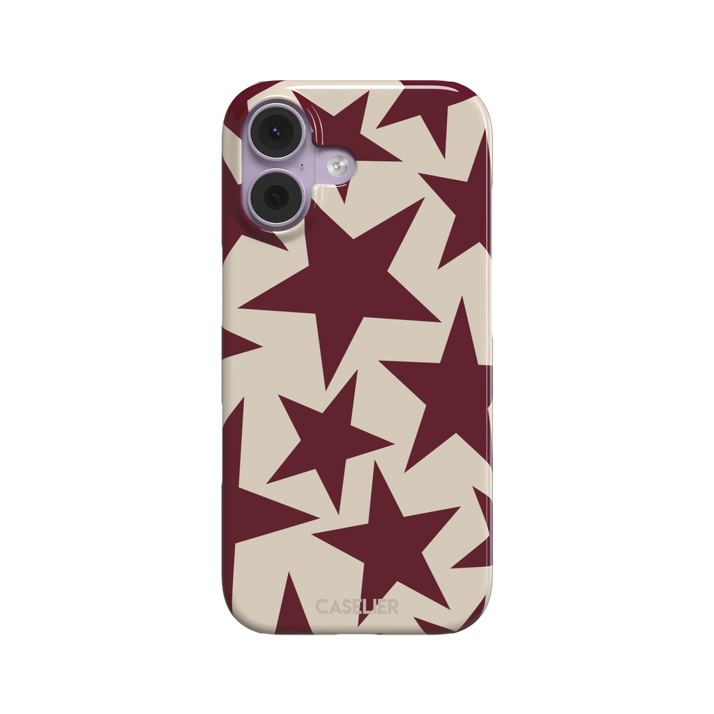 Stars phone case in deep crimson and warm cream with oversized scattered star pattern, phone case by Caselier — snap case, front view