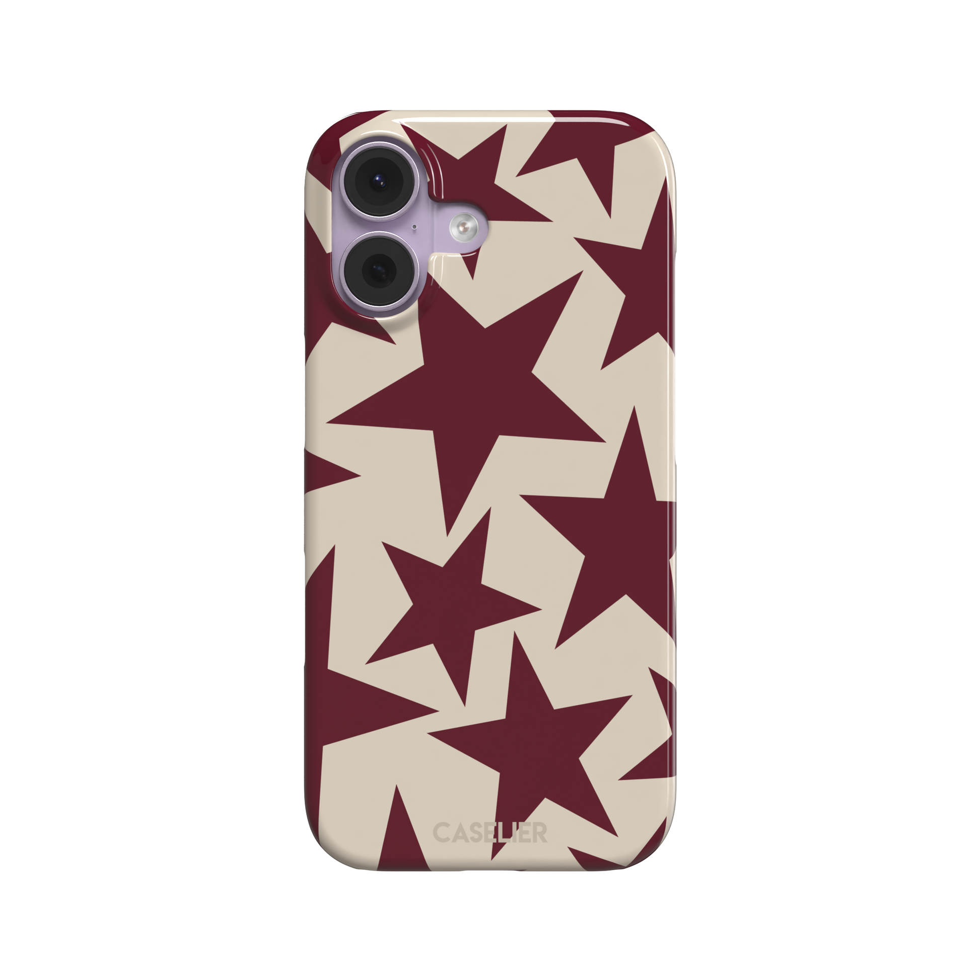 Stars phone case in deep crimson and warm cream with oversized scattered star pattern, phone case by Caselier — snap case, front view