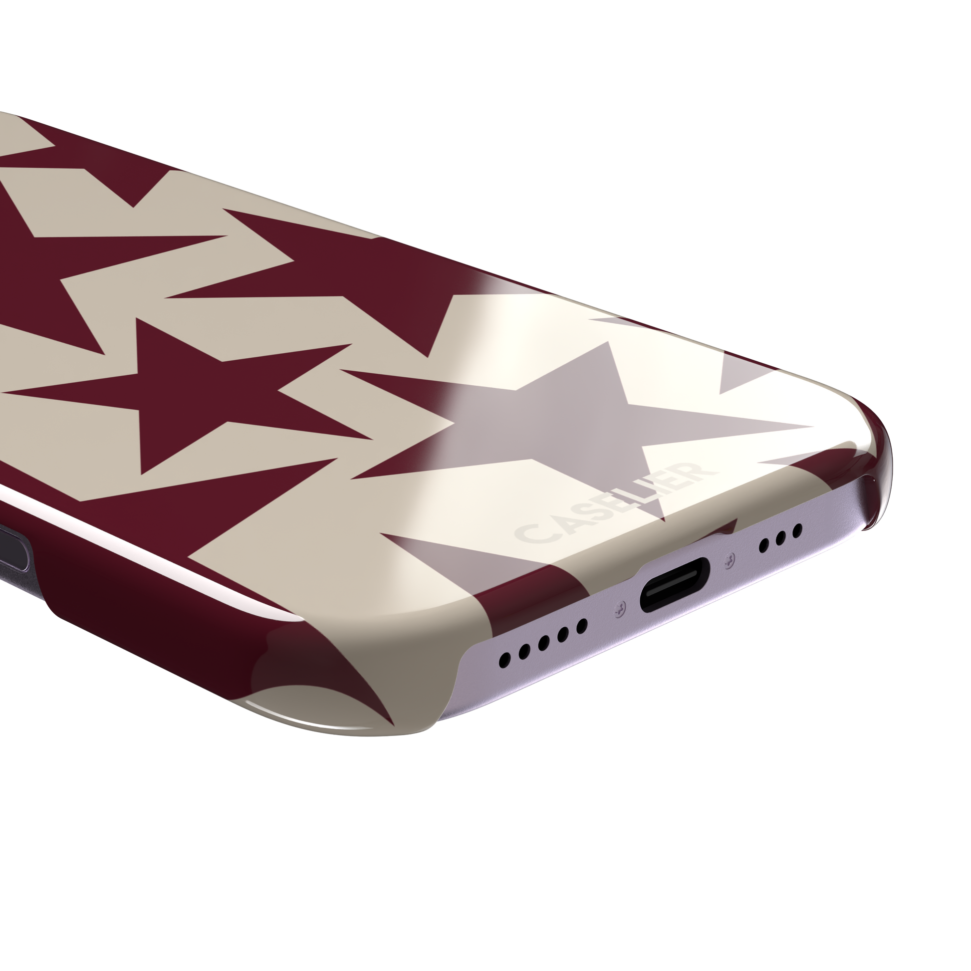 Stars phone case in deep crimson and warm cream with oversized scattered star pattern, phone case by Caselier — snap case, charging port detail