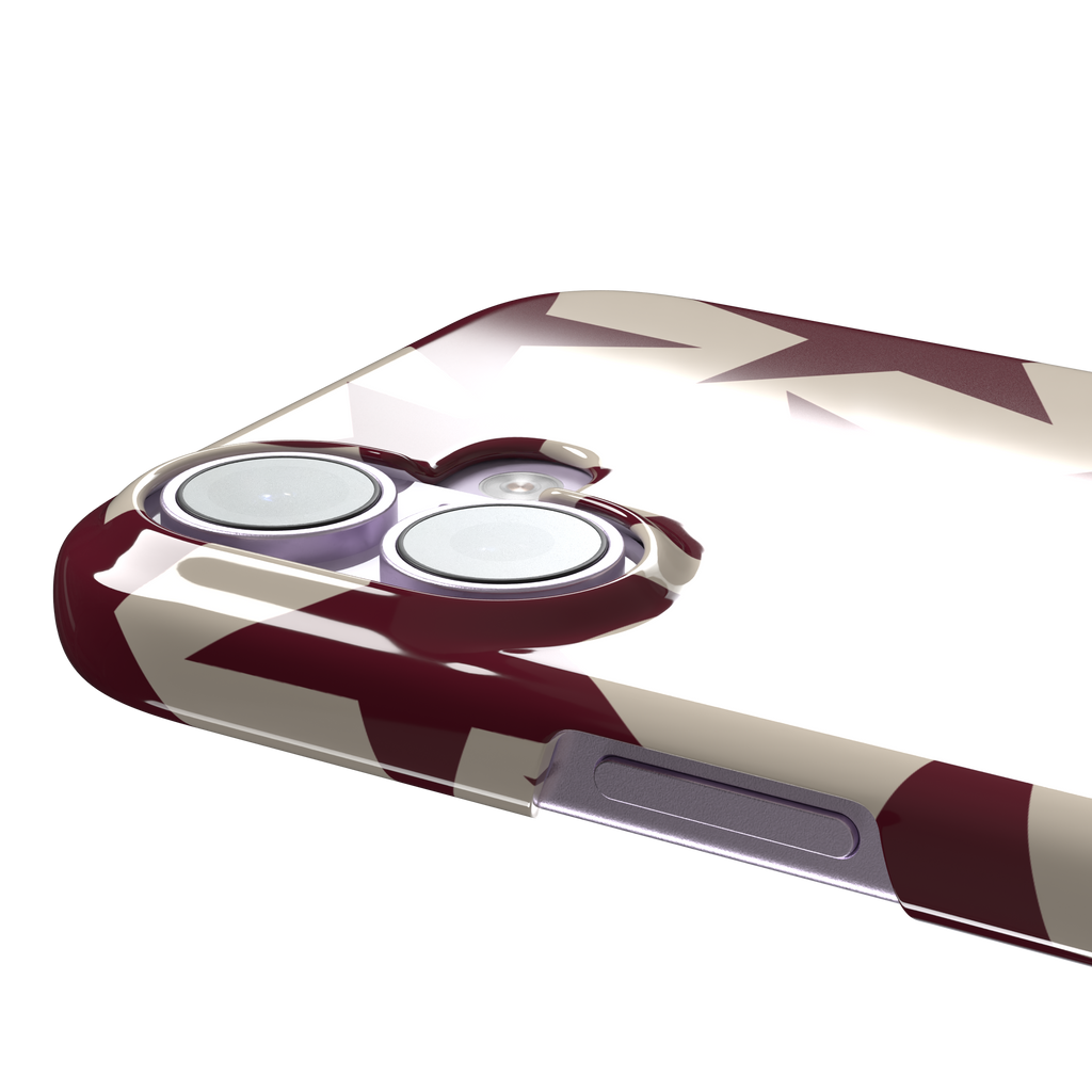 Stars phone case in deep crimson and warm cream with oversized scattered star pattern, phone case by Caselier — snap case, volume buttons detail