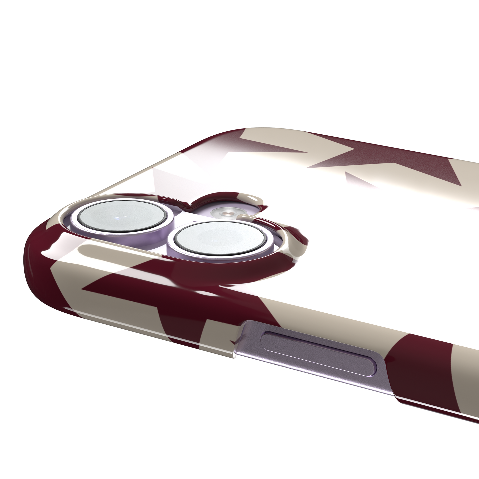 Stars phone case in deep crimson and warm cream with oversized scattered star pattern, phone case by Caselier — snap case, volume buttons detail