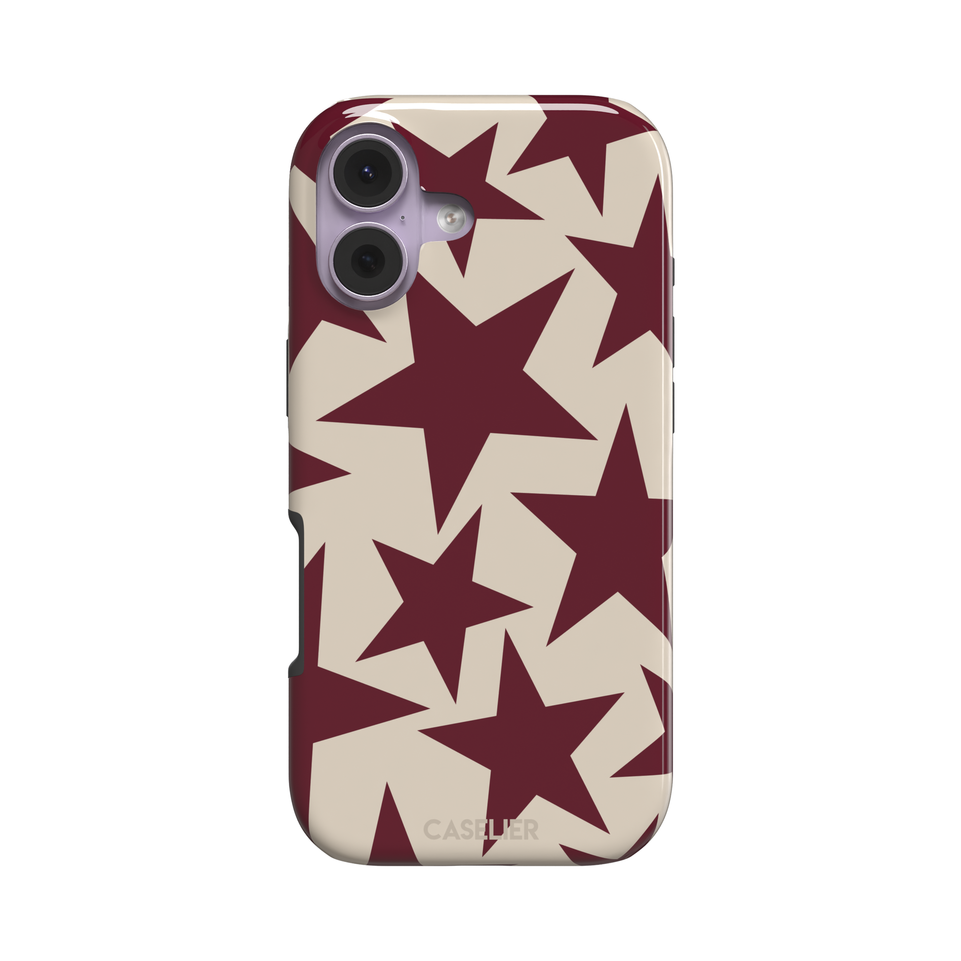 Stars phone case in deep crimson and warm cream with oversized scattered star pattern, phone case by Caselier — tough case, front view