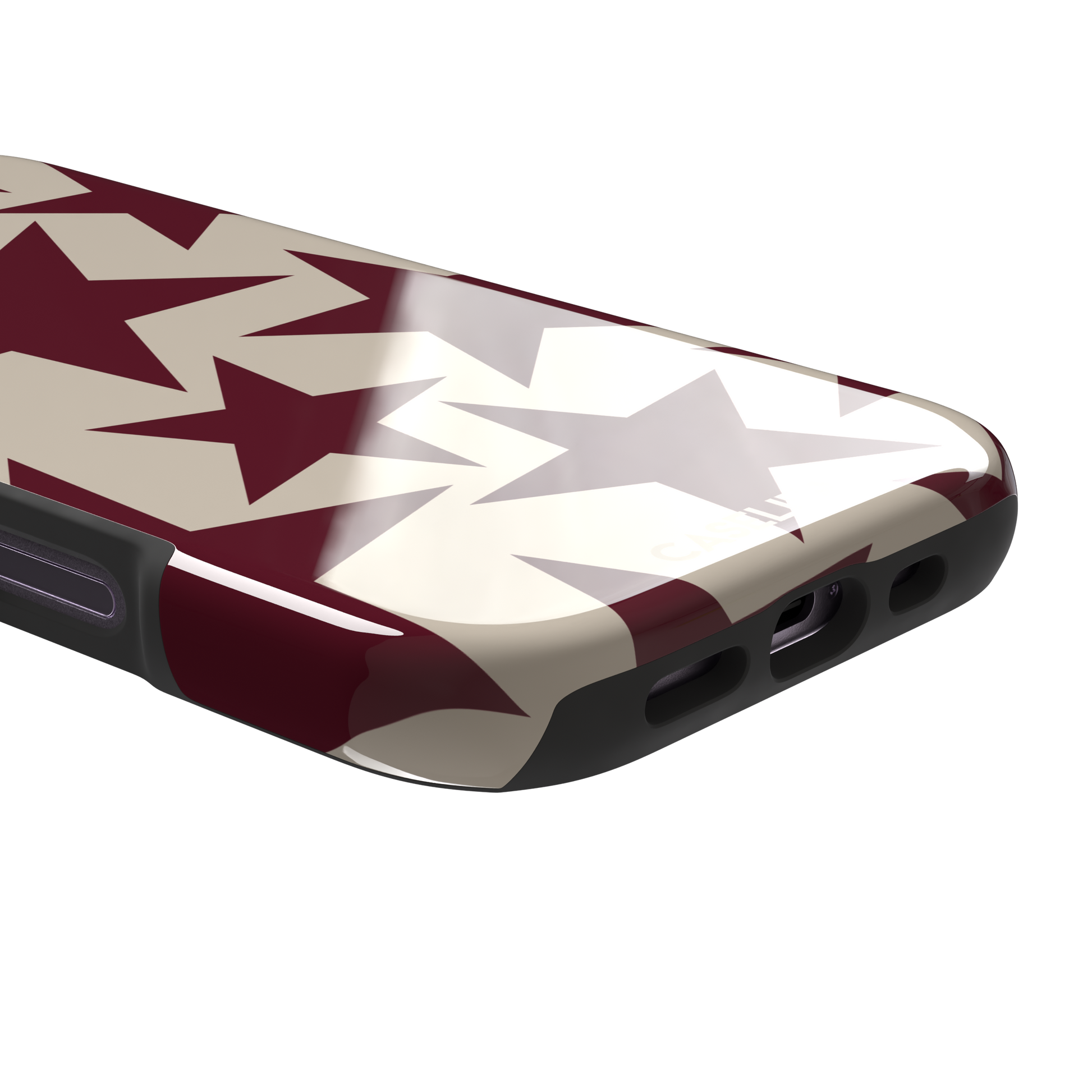 Stars phone case in deep crimson and warm cream with oversized scattered star pattern, phone case by Caselier — tough case, charging port detail