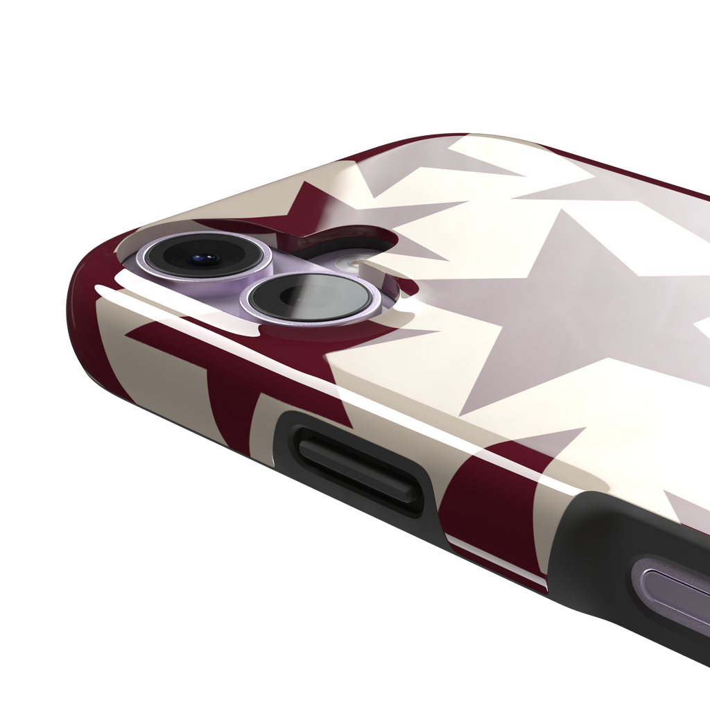 Stars phone case in deep crimson and warm cream with oversized scattered star pattern, phone case by Caselier — tough case, volume buttons detail