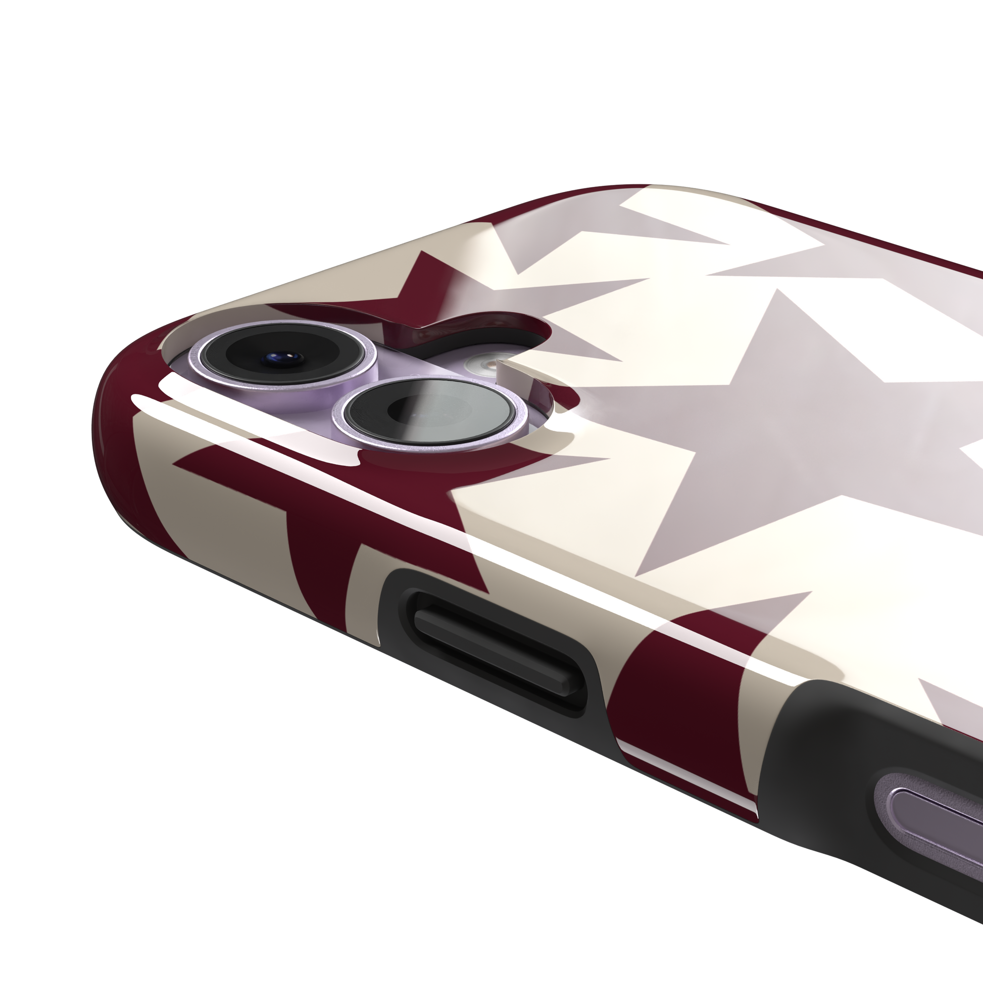 Stars phone case in deep crimson and warm cream with oversized scattered star pattern, phone case by Caselier — tough case, volume buttons detail