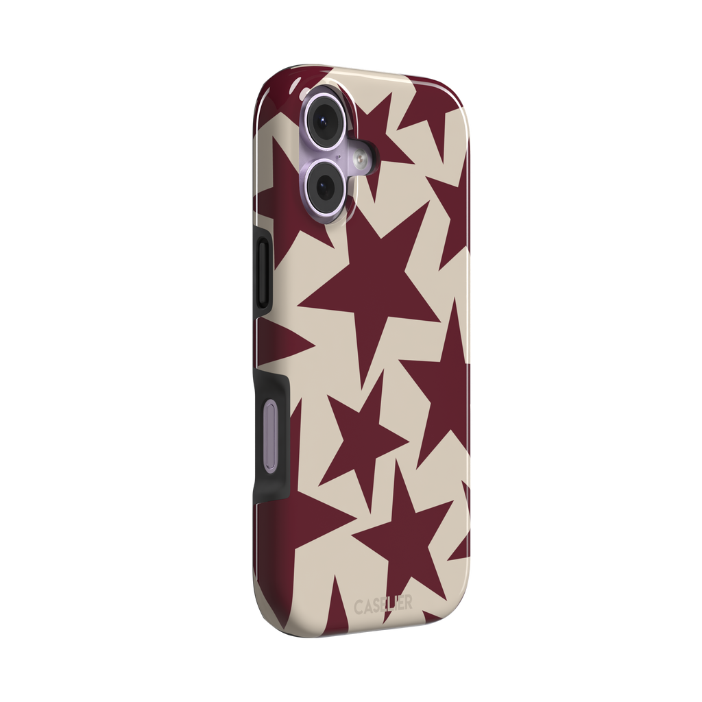 Stars phone case in deep crimson and warm cream with oversized scattered star pattern, phone case by Caselier — tough case, left view