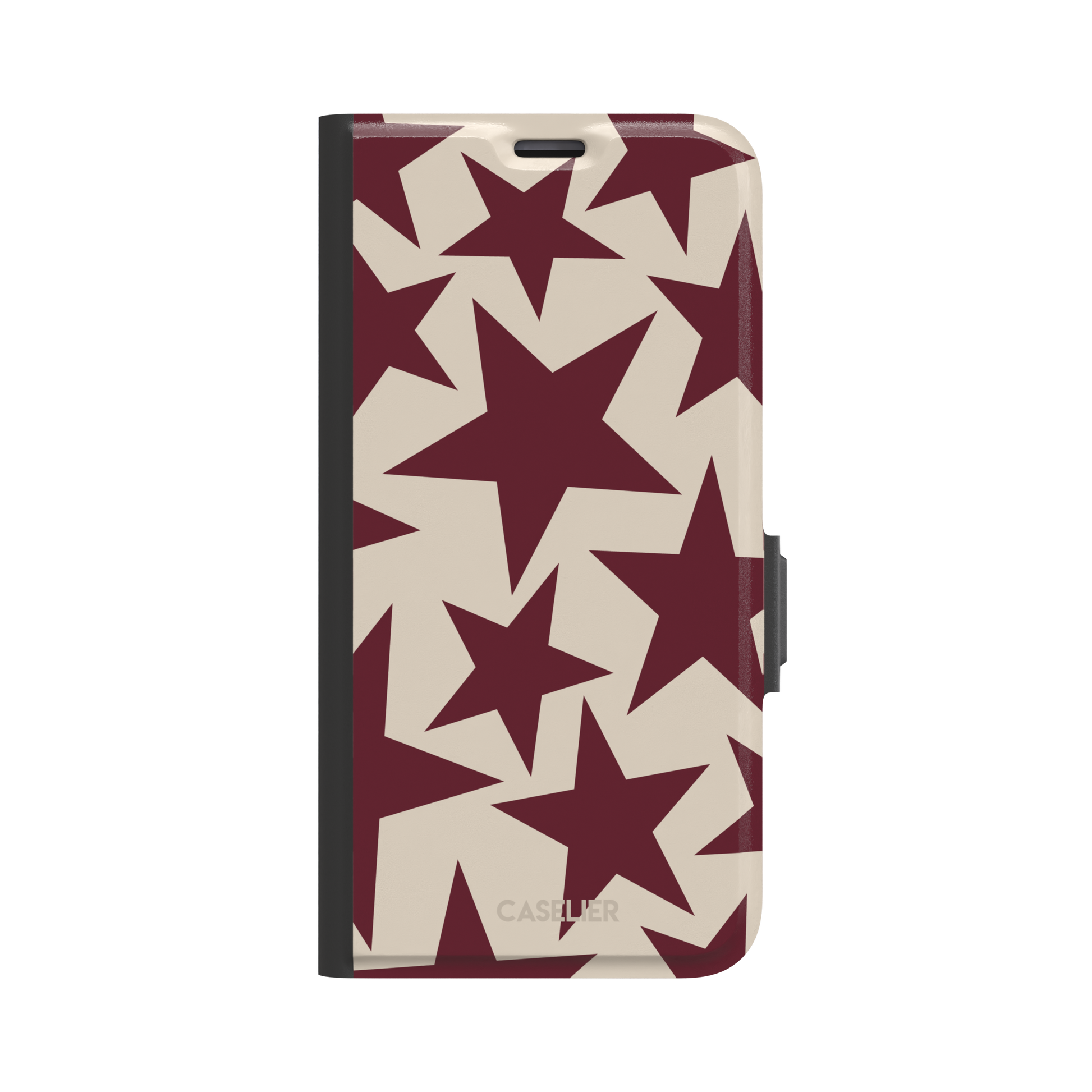 Stars phone case in deep crimson and warm cream with oversized scattered star pattern, phone case by Caselier — wallet case, front view