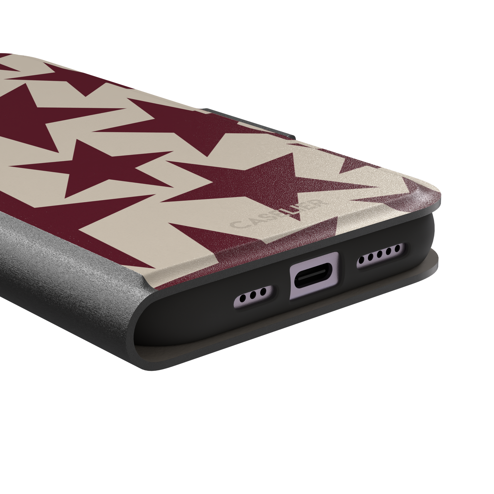 Stars phone case in deep crimson and warm cream with oversized scattered star pattern, phone case by Caselier — wallet case, charging port detail