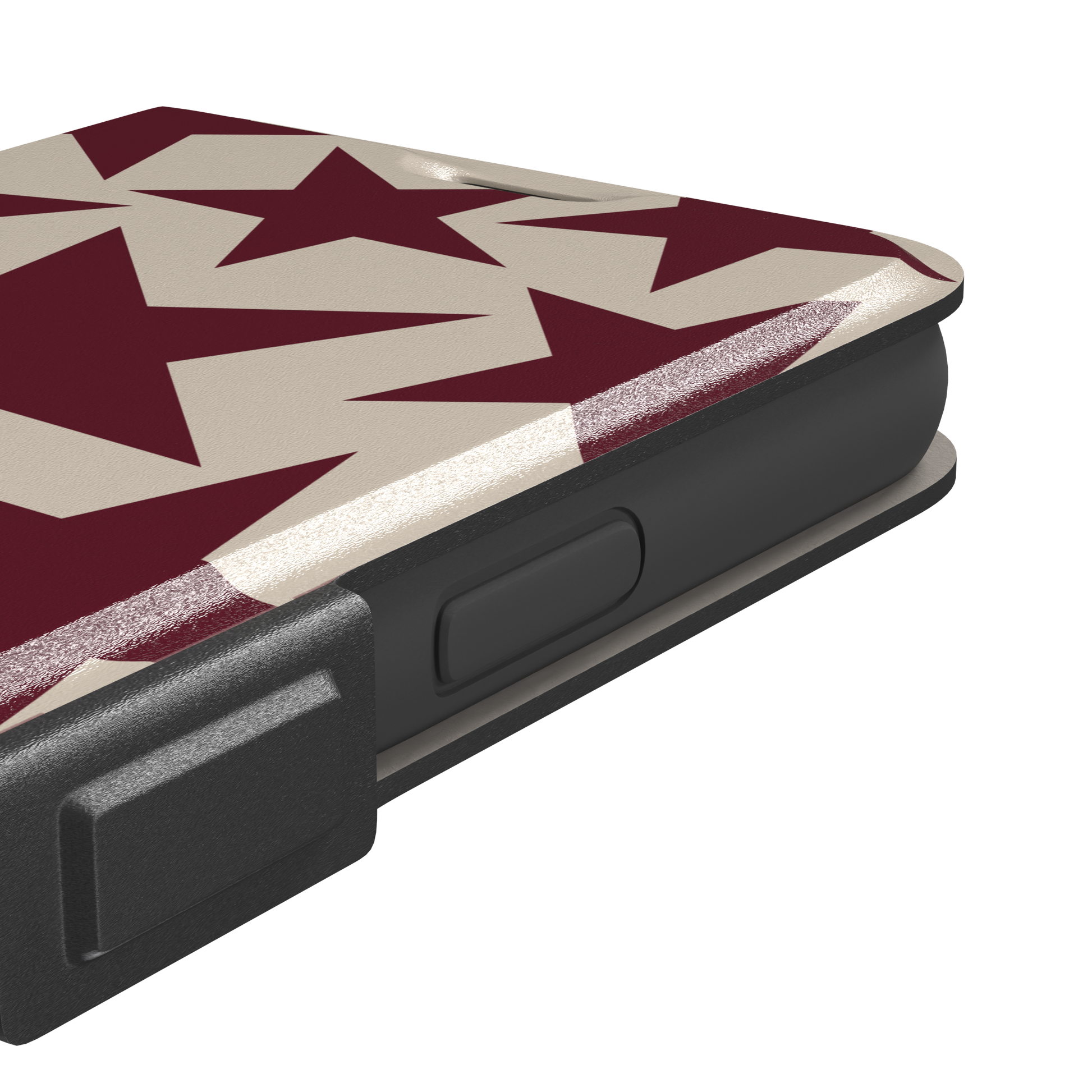 Stars phone case in deep crimson and warm cream with oversized scattered star pattern, phone case by Caselier — wallet case, volume buttons detail