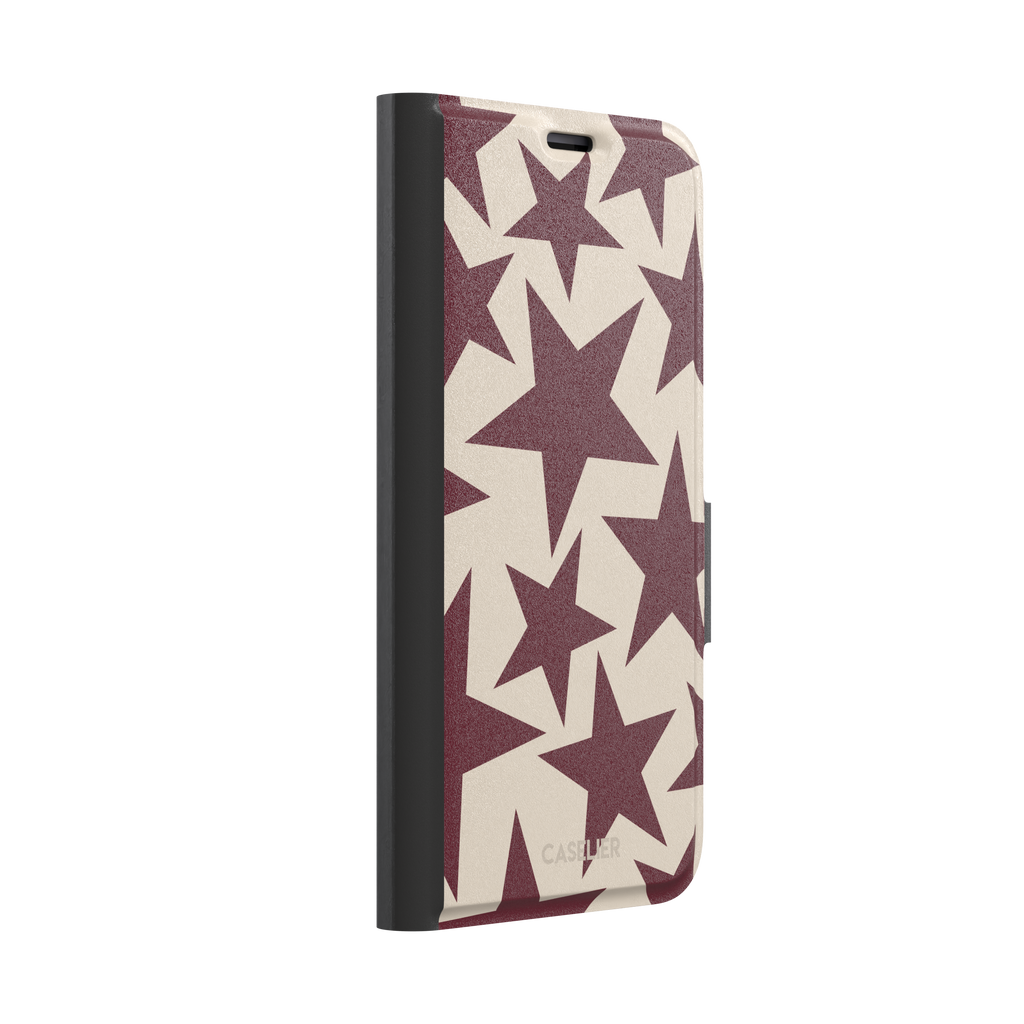Stars phone case in deep crimson and warm cream with oversized scattered star pattern, phone case by Caselier — wallet case, left view
